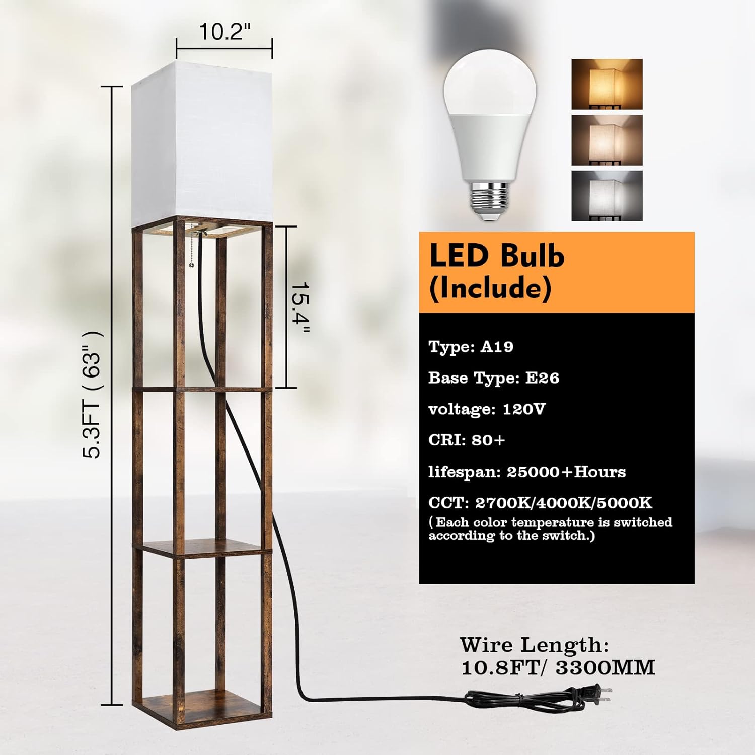 RUNTOP Floor Lamp with Shelves, Modern Shelf Lamp for Display Storage, 3 Color Temperature Wood Narrow Standing Corner Lamp with 8W Bulb…