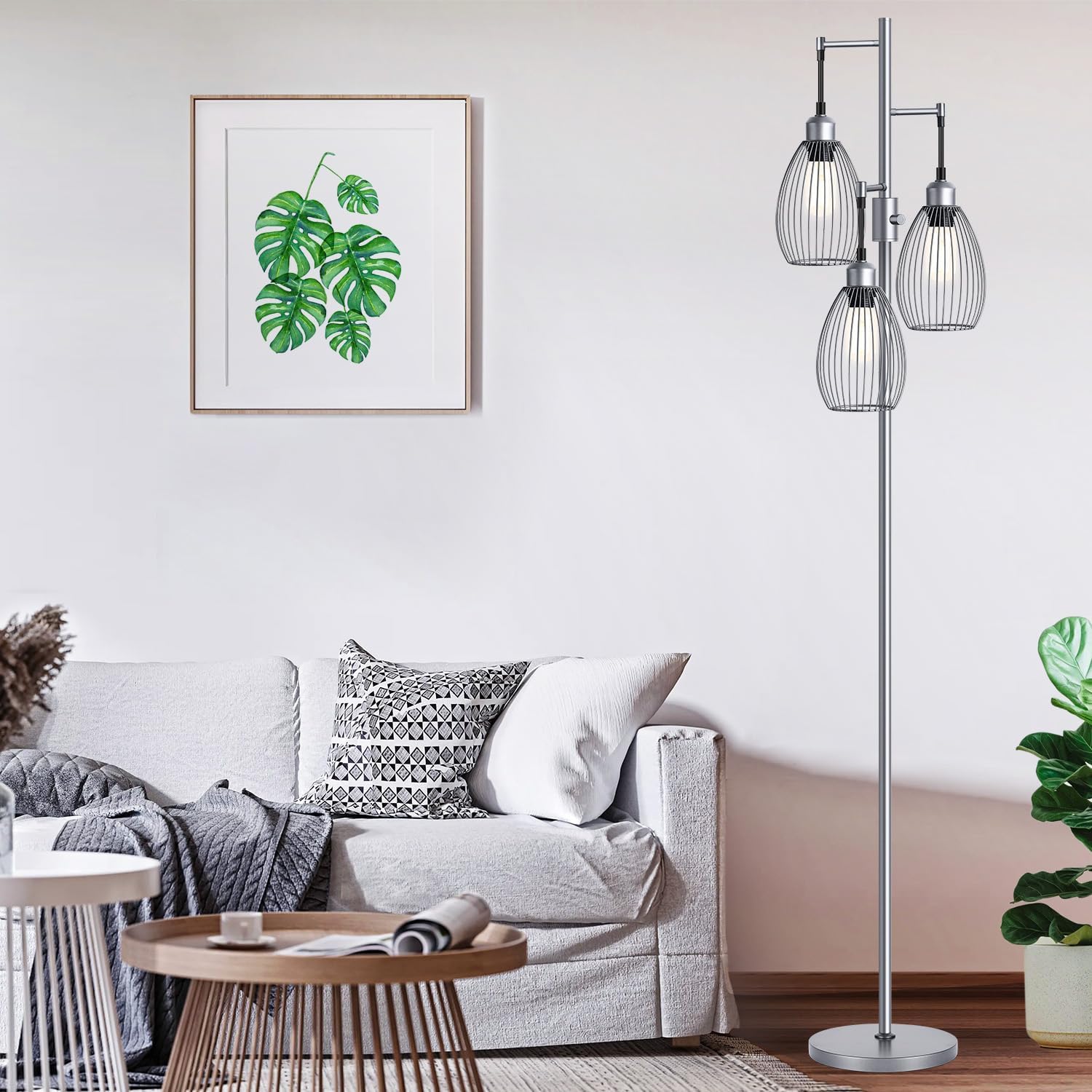 Nintiue Dimmable Floor Lamp, 3 x 800LM LED Edison Bulbs Included, Industrial Floor Lamp Standing Tree Lamp with Elegant Teardrop Cage…
