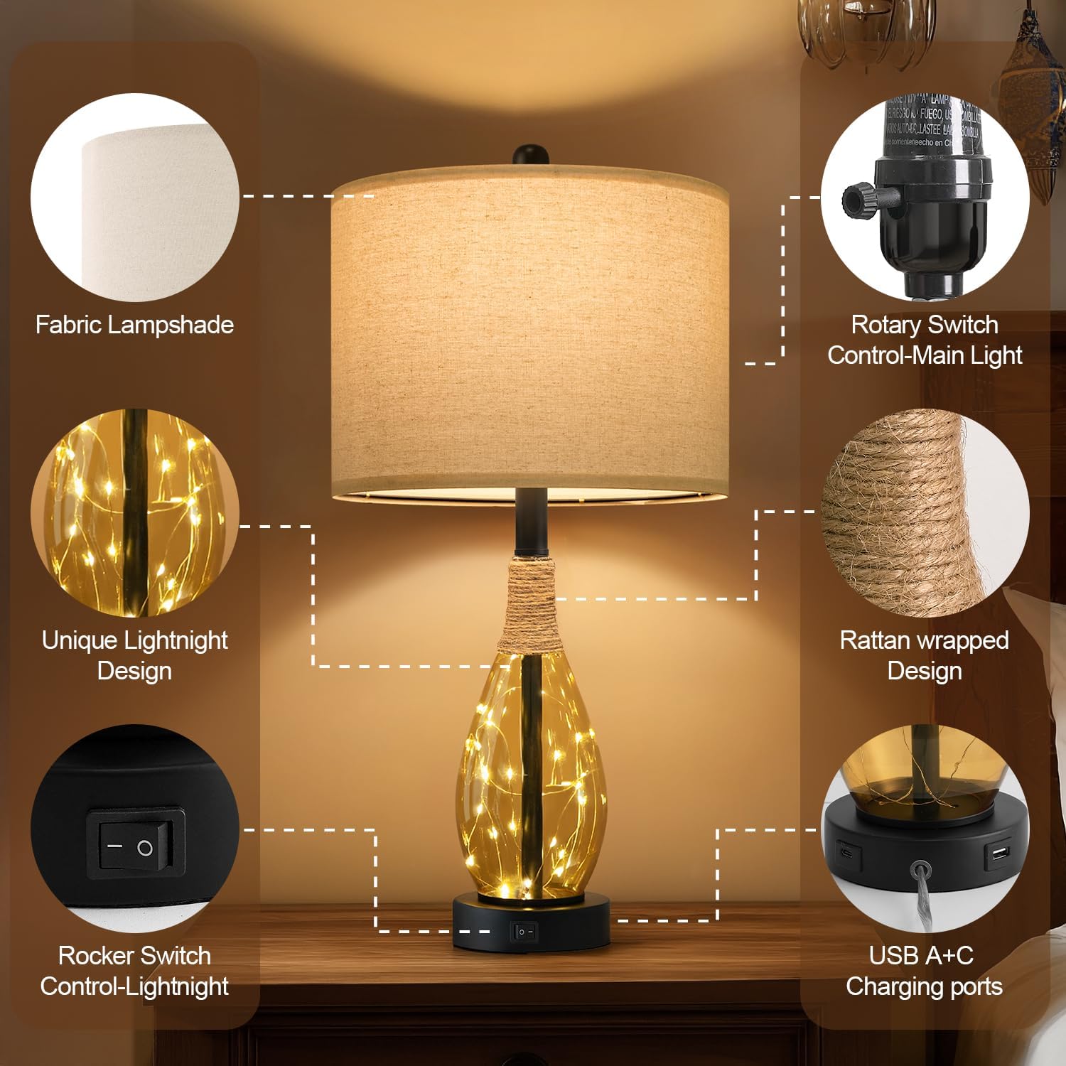 OYEARS 23" Table Lamps for Living Room Set of 2 Bedside Lamps for Night Stands Bedroom Lamps Farmhouse Rattan Boho Lamp Glass Nightlight…