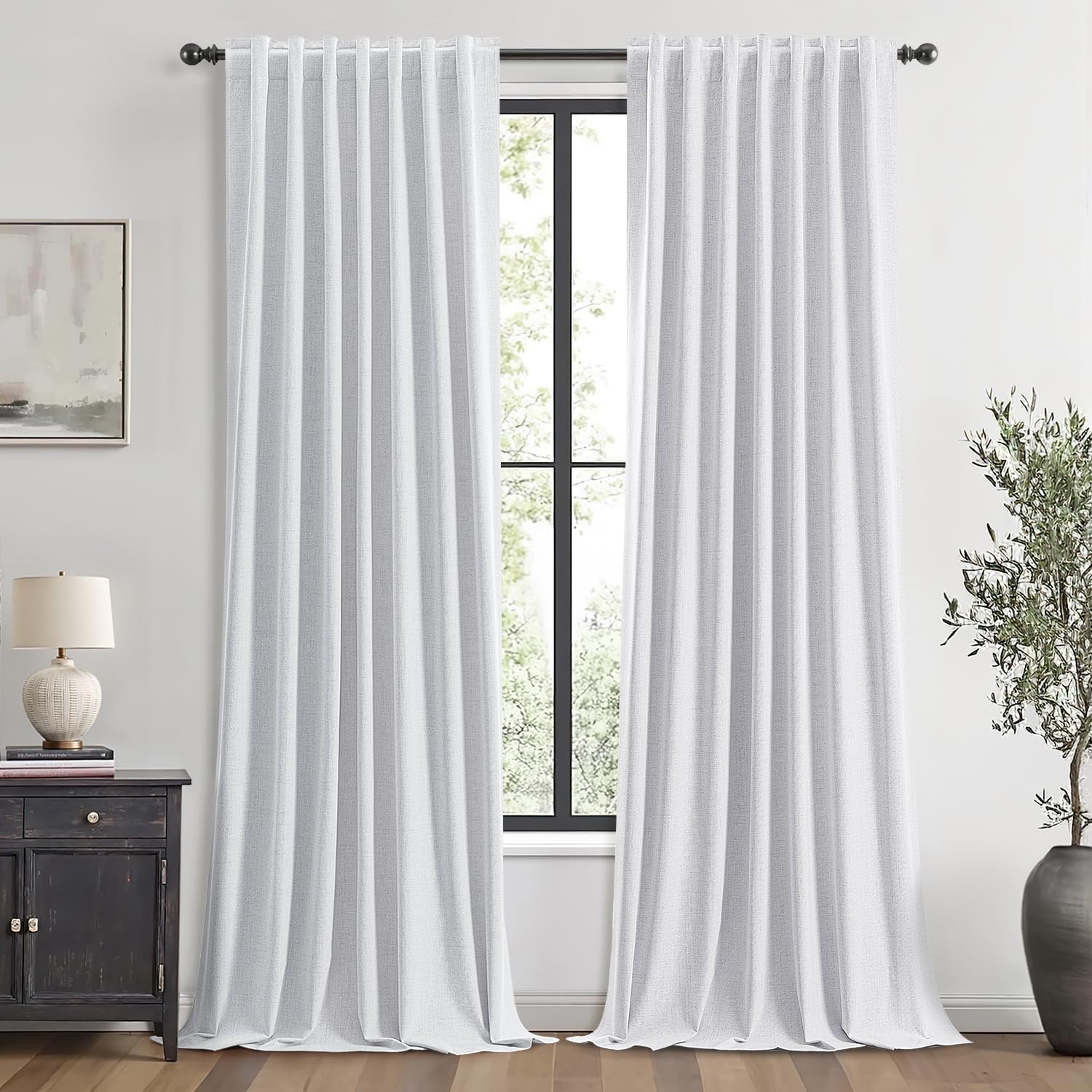 Miulee 100% Blackout Linen Curtains for Bedroom, Grayish White Solid Luxury Decor Thermal Insulation Room Darkening Drapes for Living Room…