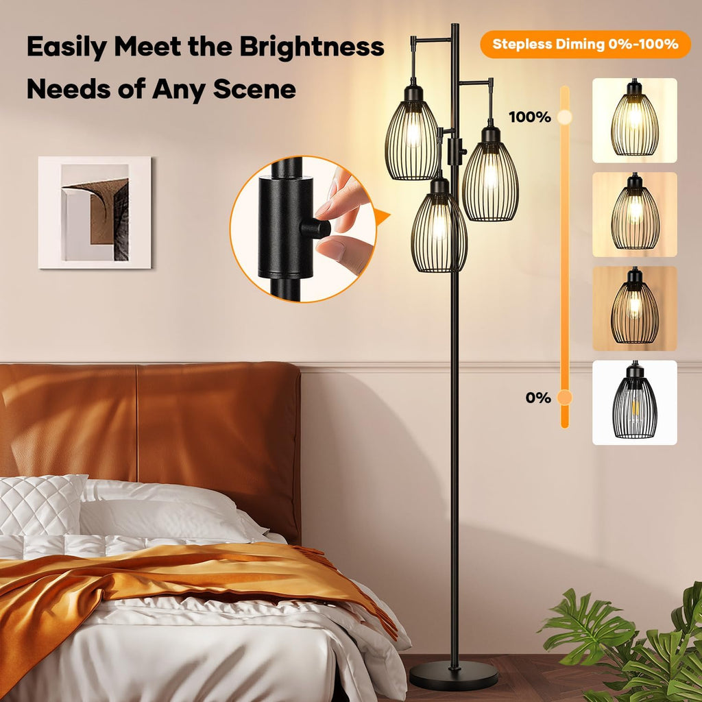 Dimmable Floor Lamp, 3 x 800LM LED Edison Bulbs Included, Farmhouse Industrial Floor Lamp Standing Tree Lamp with Elegant Teardrop Cage…