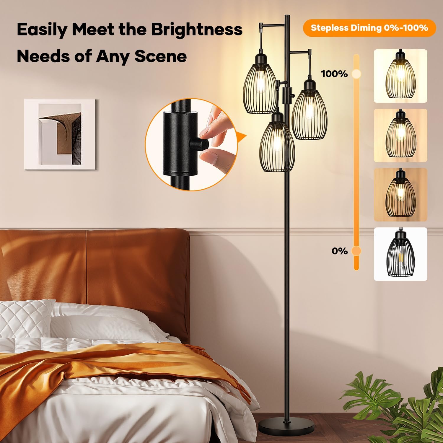 Dimmable Floor Lamp, 3 x 800LM LED Edison Bulbs Included, Farmhouse Industrial Floor Lamp Standing Tree Lamp with Elegant Teardrop Cage…