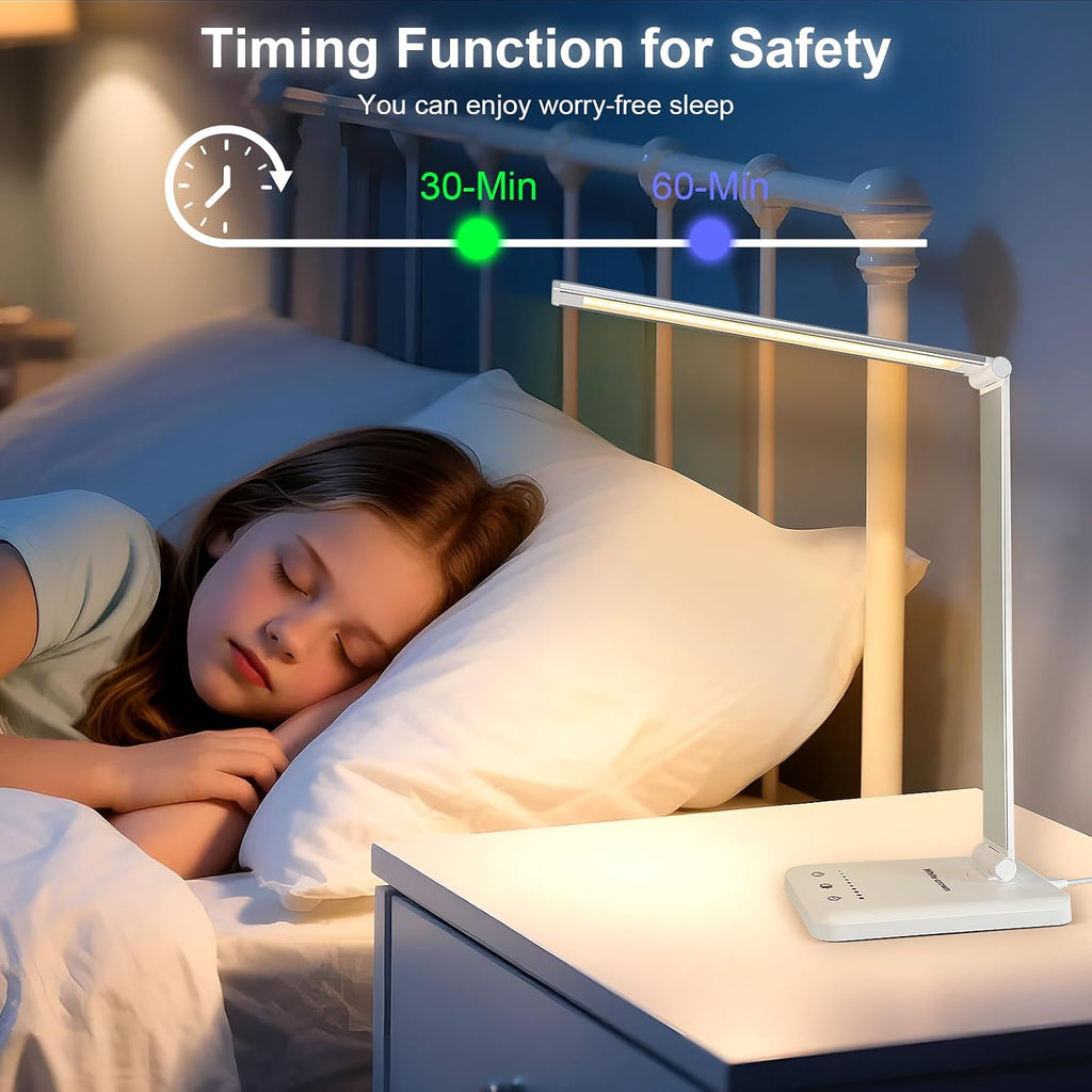 WhiteCrown White crown LED Desk Lamp Dimmable Table Lamp Reading Lamp with USB Charging Port, 5 Lighting Modes, Sensitive Control, 30/60 Mi…