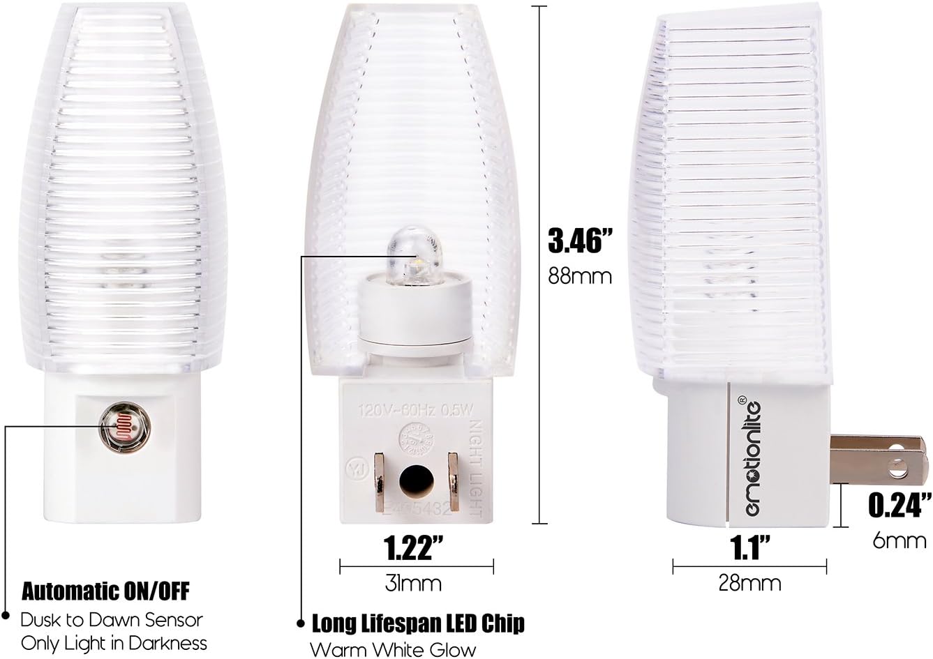 Emotionlite Plug in Night Light, Warm White LED Nightlight, Dusk to Dawn Sensor, Kids, Nursery, Bedroom, Bathroom, Hallway, Stairs…