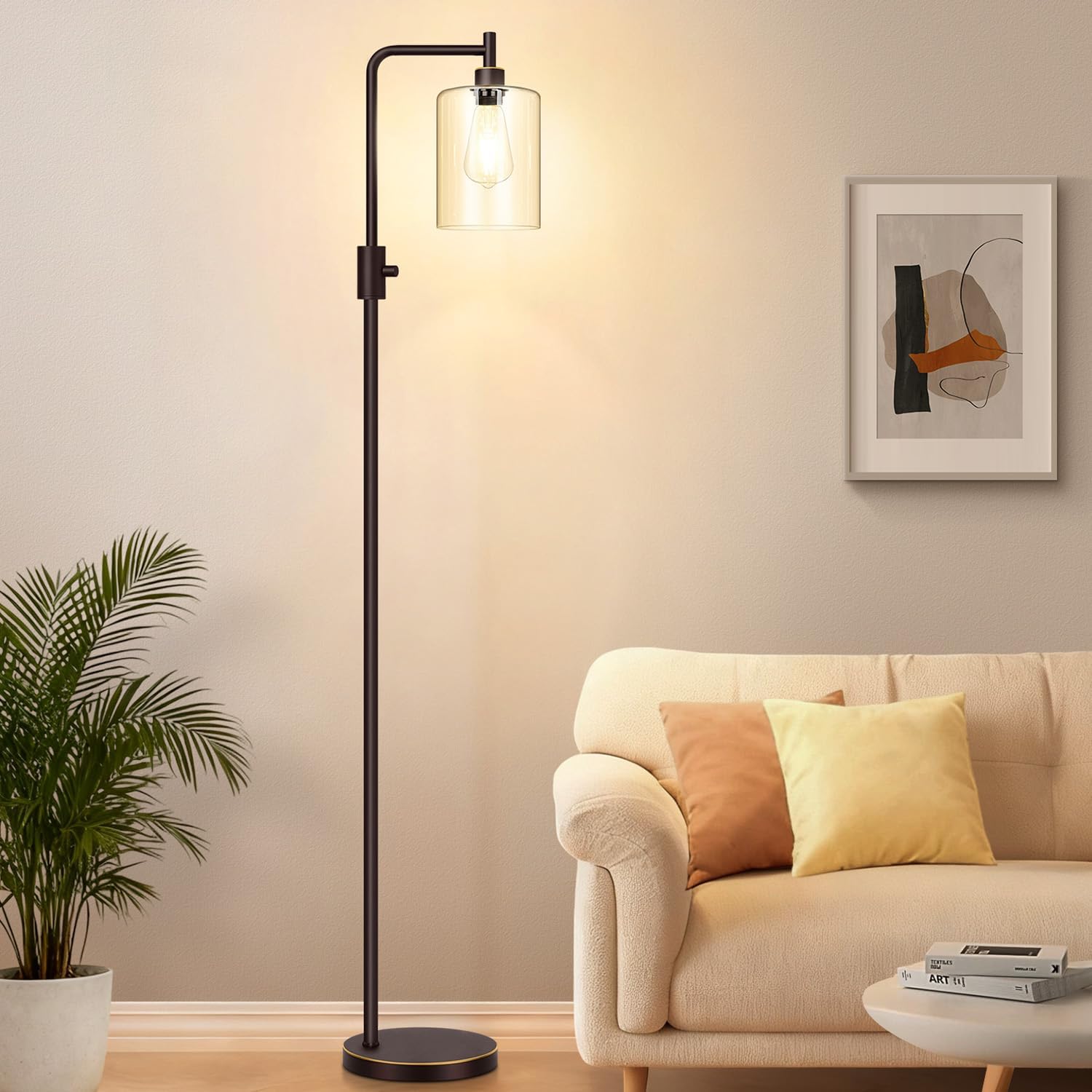 Upgraded】Dimmable Floor Lamp for Living Room with Glass Lampshade, Brown and Gold Modern Floor Lamp with 900LM LED Bulb Included, Bright…
