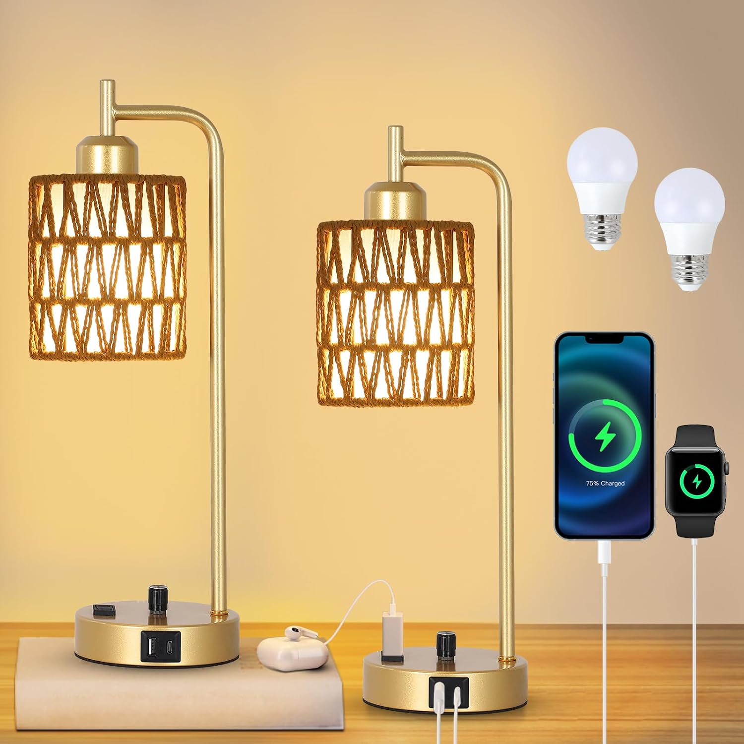 Gold Lamp for Bedroom, Boho Rattan Table Lamps Set of 2 with LED Bulbs, Bedside Lamps for Night Stands with Wicker Shade, USB Port and…