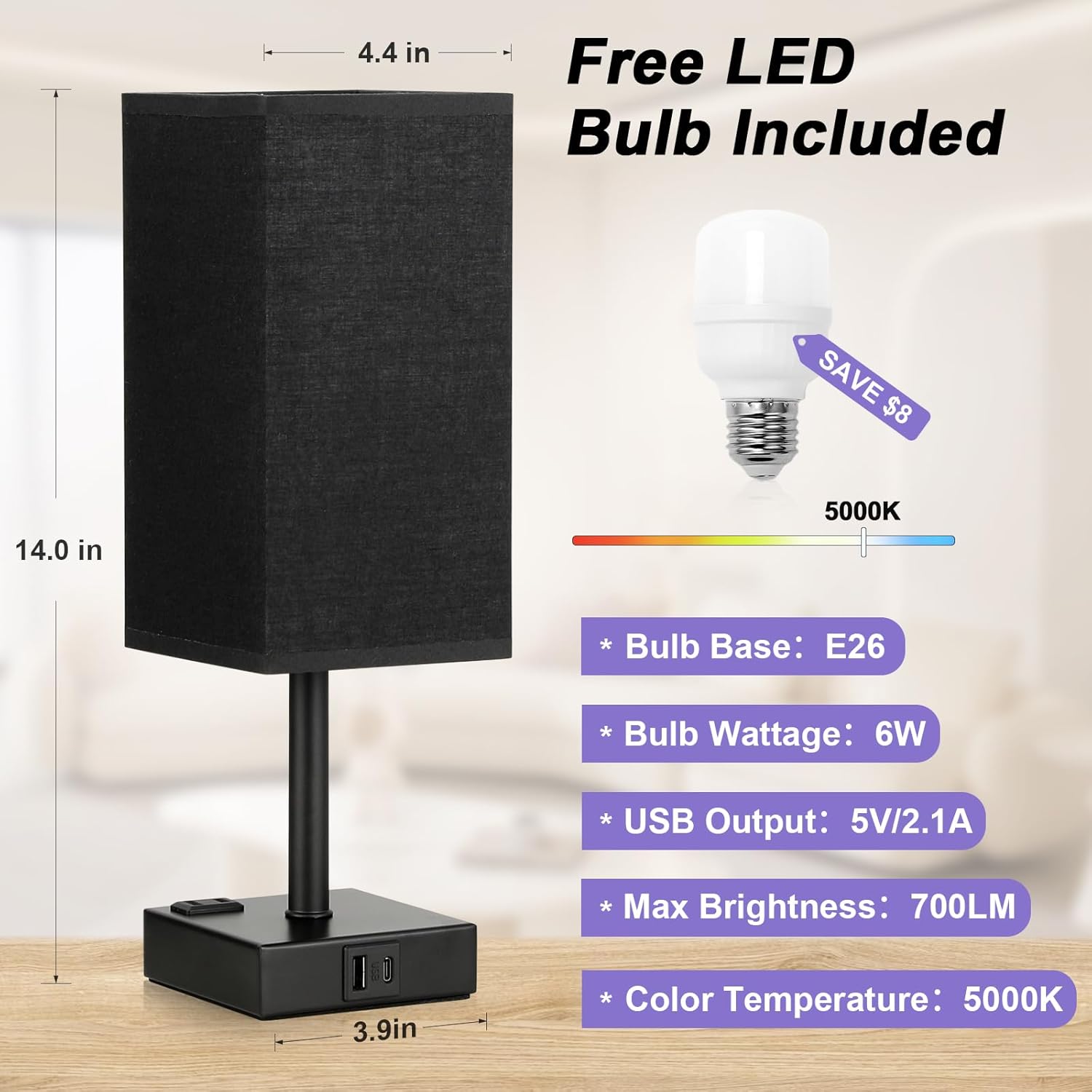 aooshine Black Lamp for Bedroom-Touch Lamp with USB-C+A and AC Outlets,3 Way Bedside Nightstand Square Table Lamp for Kids, Guest Room…