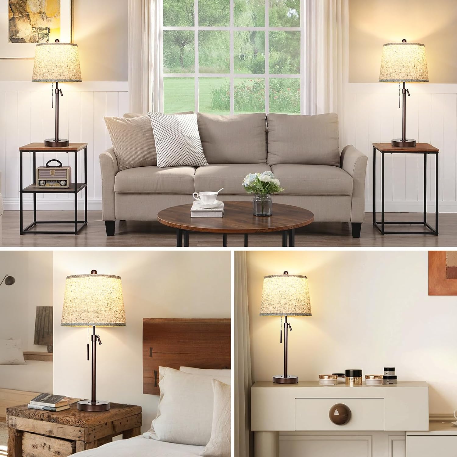 Table Lamps Set of 2, 22" to 30"Adjustable Height Bedside Lamps for Living Room 3 Color Temperatures Tall Nightstand Lamps Modern Brown…
