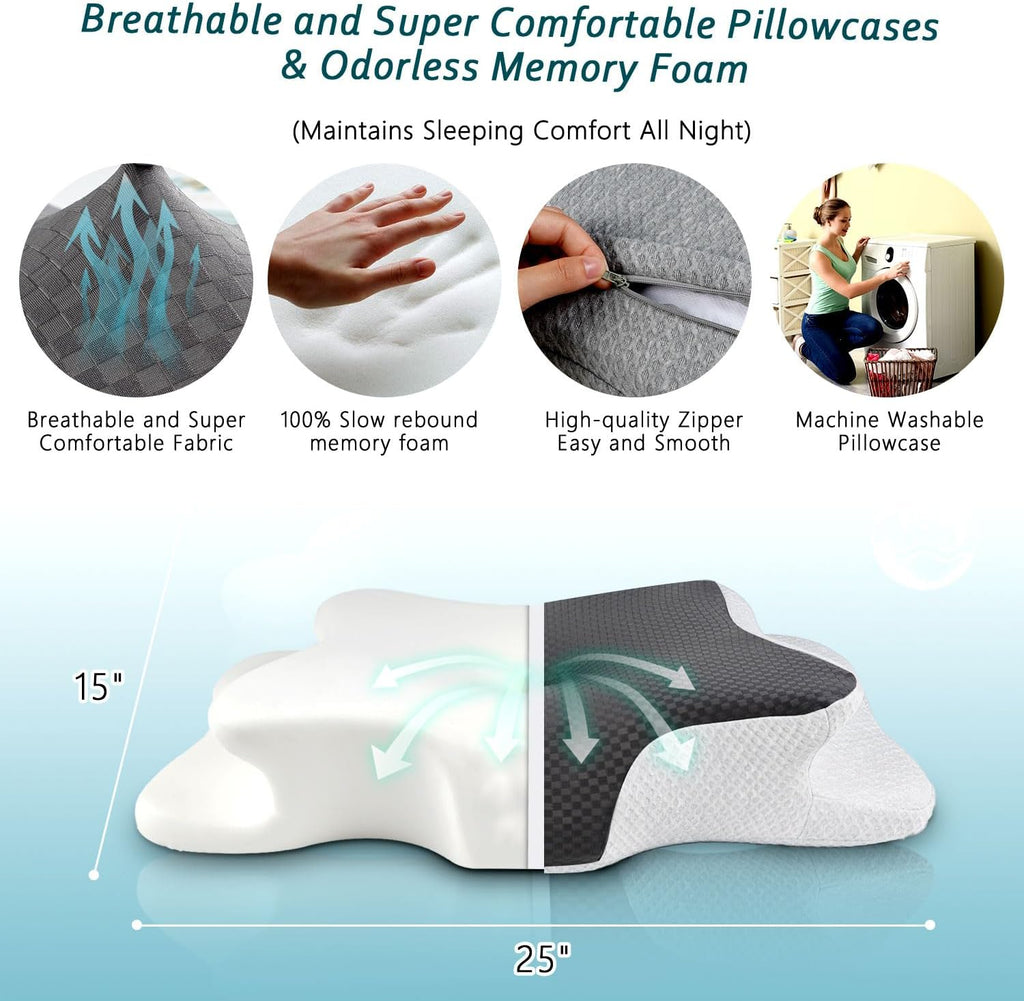 CHxxy Cervical Neck Pillow for Sleeping, Memory Foam Pillows, Ergonomic Side Sleeper Pillows, Cooling Orthopedic Neck Support Pillow for Ba…