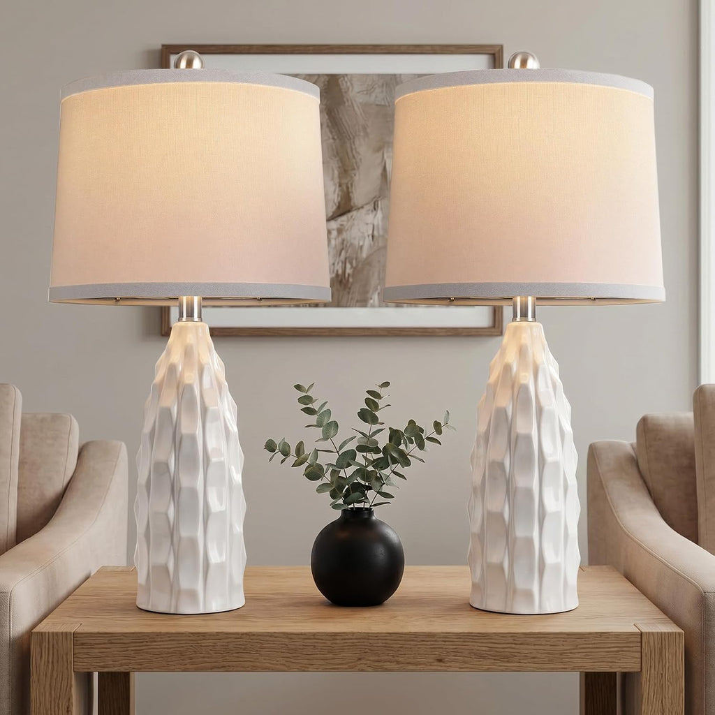 WIHTU Creamic Table lamp Set of 2, 24'' Modern Dimmable Table Lamp for Living Room, Farmhouse Nightstand Lamps with Linen Shade, White…