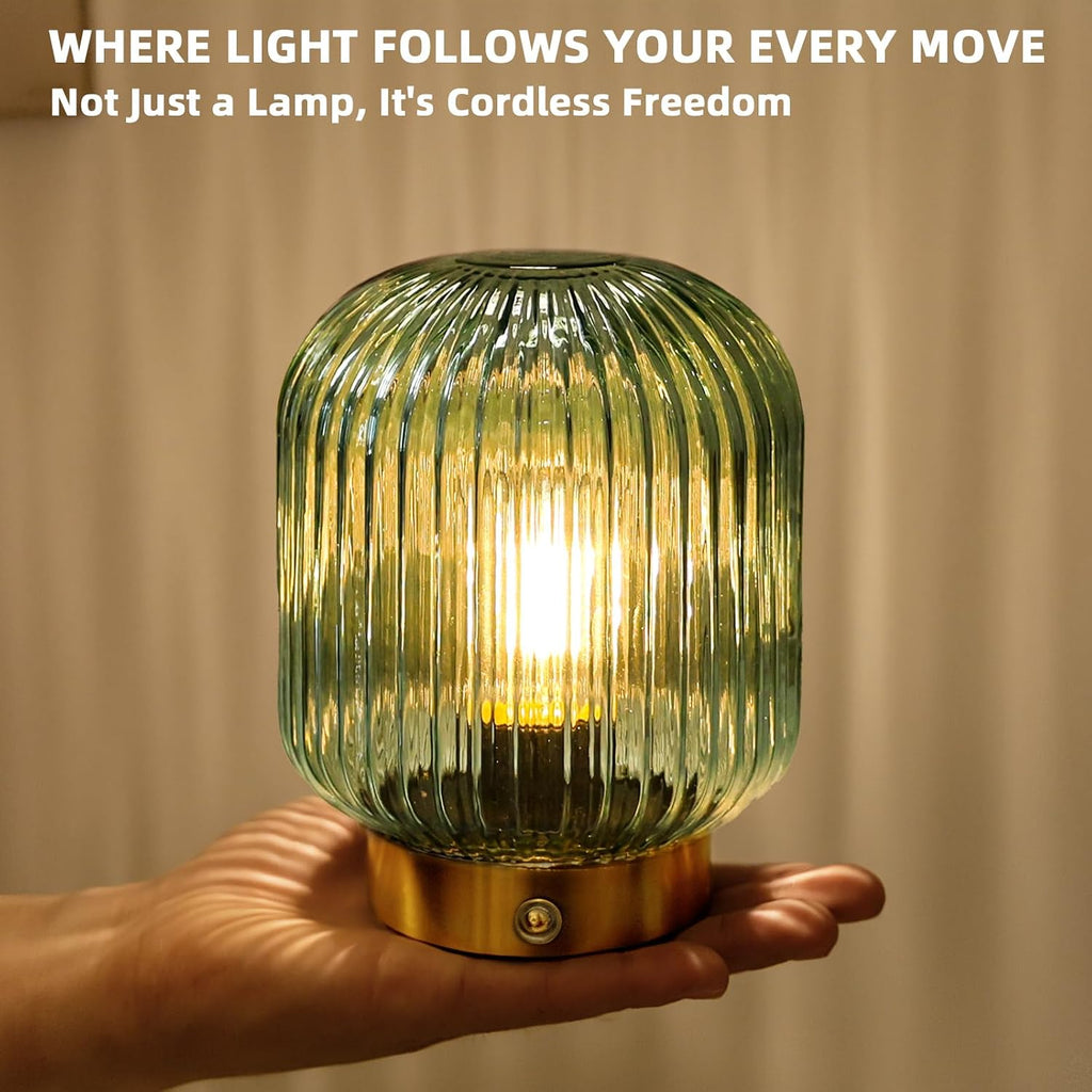 MJ PREMIER Rechargeable Table Lamp, Green Glass Lamp with Memory Function, Small Cordless LED Lamp with Dimmable Brightness, Decorative…