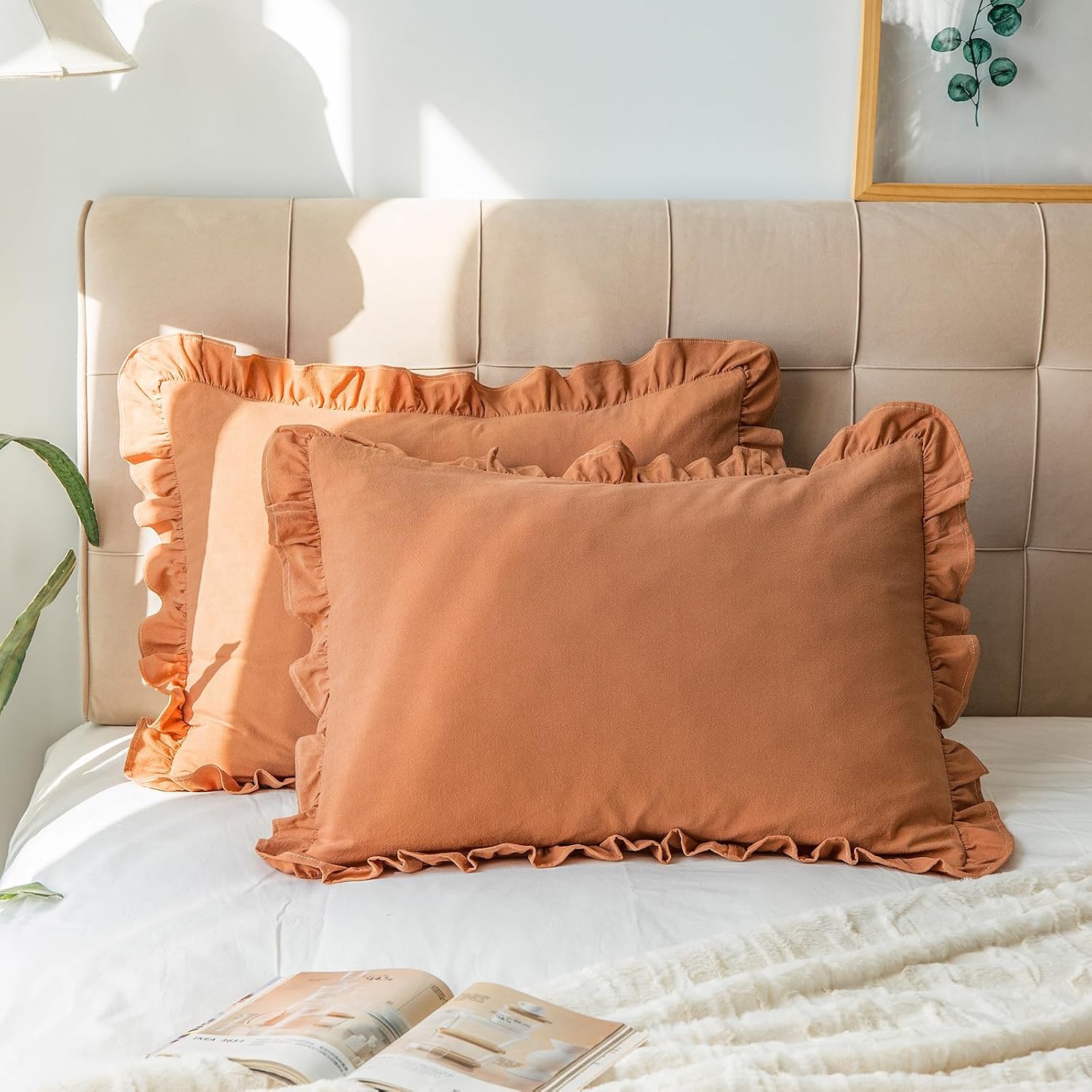 GLORY SEASON Pillow Shams Set of 2 Washed 100% Cotton Retro Ruffle Flounces Trim Solid Beige Decorative Pillow Cases for Home Bedroom…