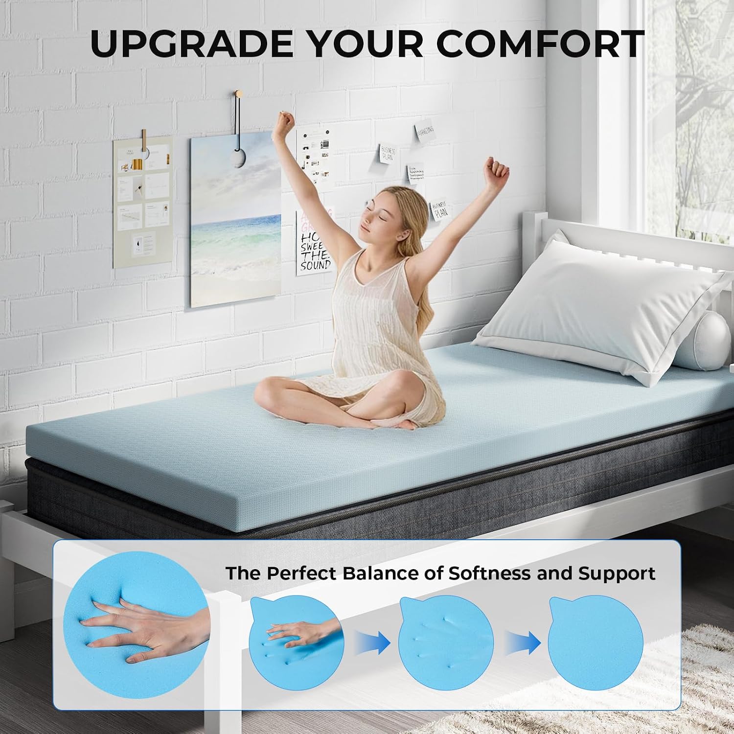 OhGeni 2 Inch Twin XL Memory Foam Mattress Topper Pad with Cover, Soft Bed Cover with Anti-Slip Base, Enhanced with Cooling Gel, Removable &…