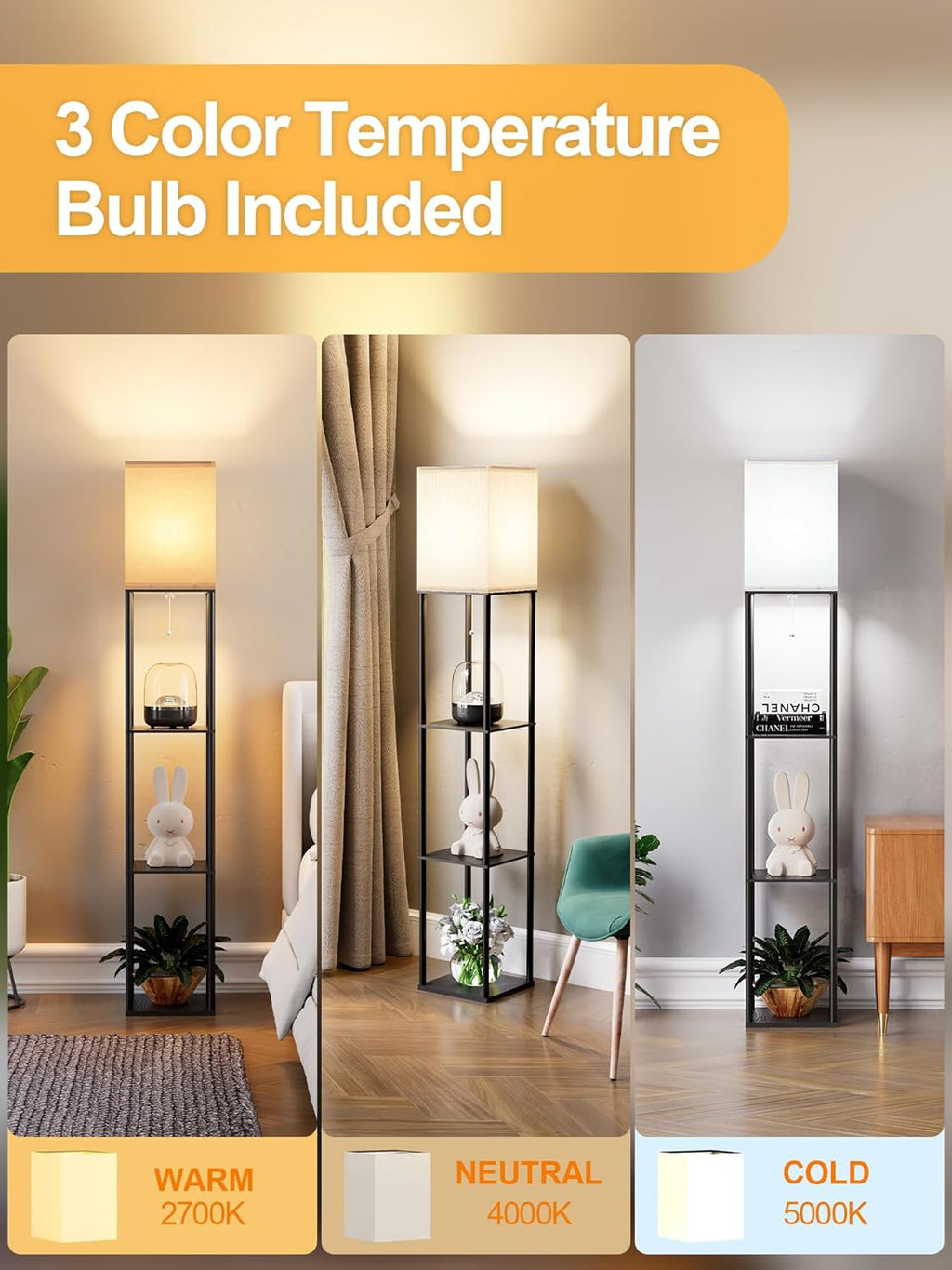 Floor Lamp with Shelves for Living Room 2 Pack, Shelf Floor Lamp with 3 CCT LED Bulb, Corner Display Standing Column Lamp Etagere…