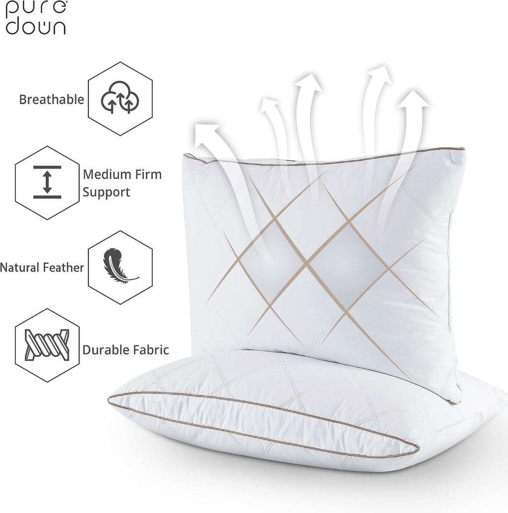 puredown® Natural Goose Down Feather Pillows for Sleeping Oval Gusseted Feather Down Pillow 100% Cotton Pillow Cover with Leaf Quilting…