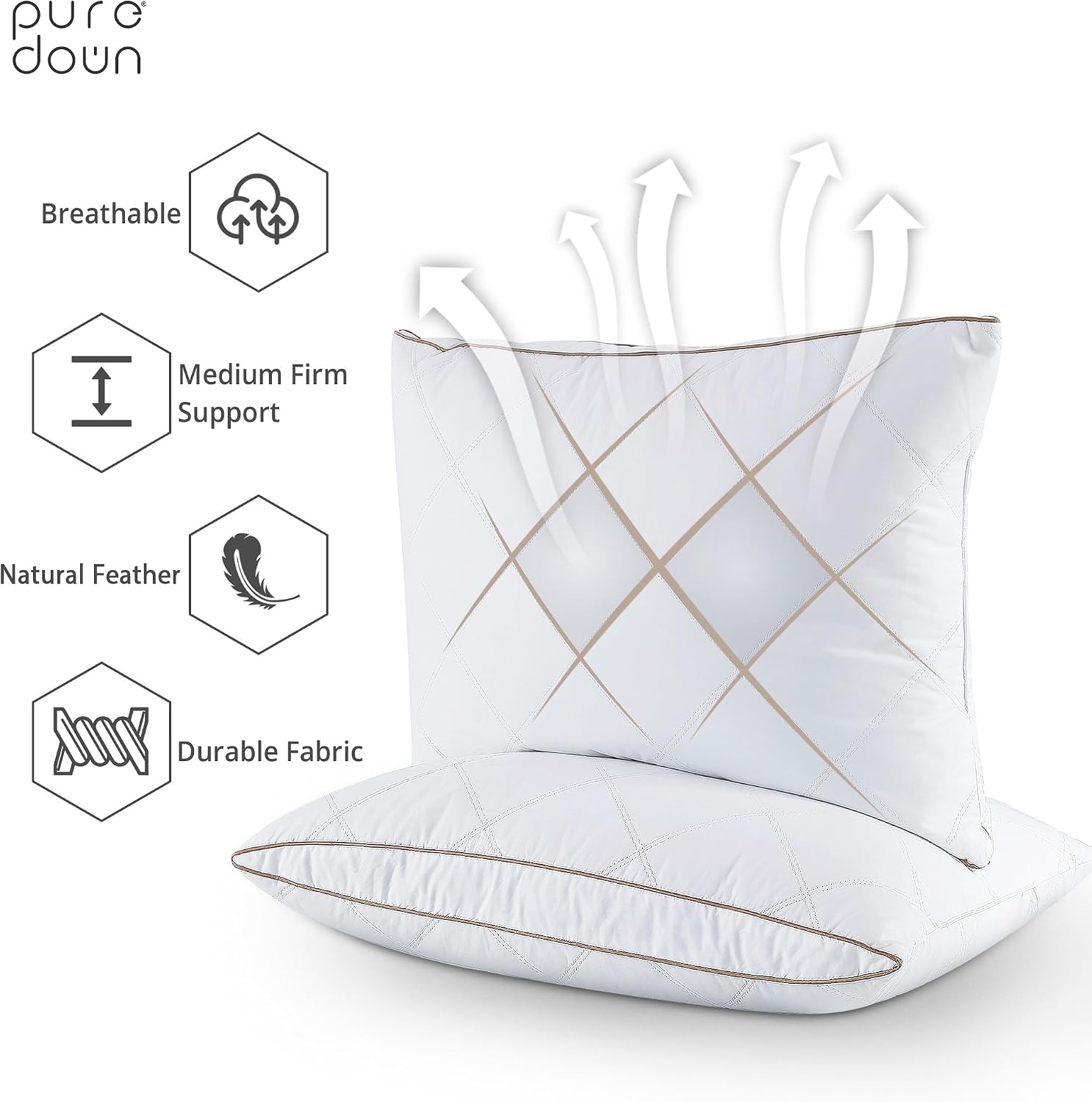 puredown® Natural Goose Down Feather Pillows for Sleeping Oval Gusseted Feather Down Pillow 100% Cotton Pillow Cover with Leaf Quilting…