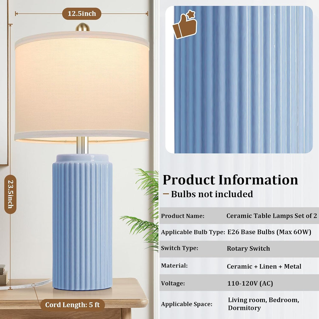 Tobusa 23.5’’ Sky Blue Farmhouse Table Lamps for Living Room Set of 2, Modern Elegant Ceramic Bedside Nightstand Lamps with White Linen Sha…