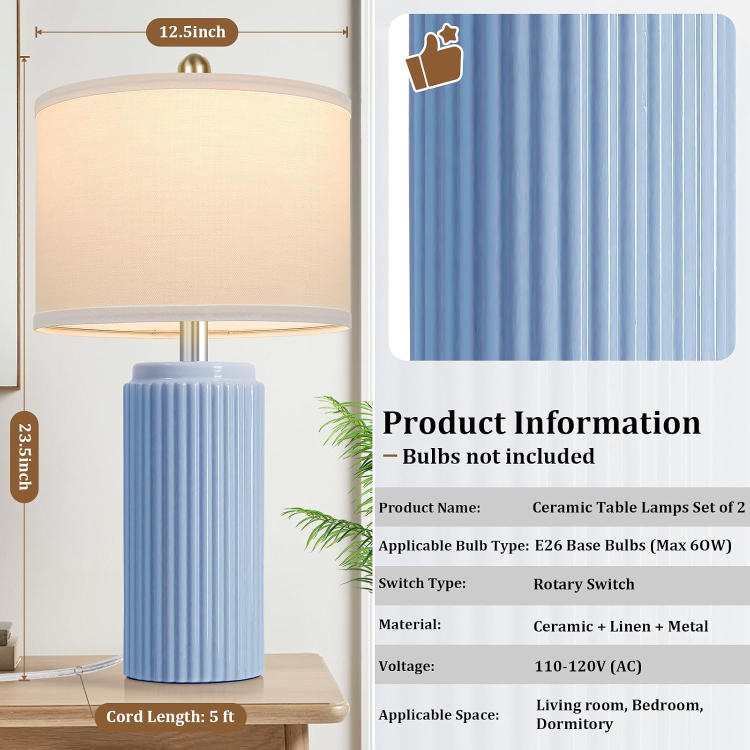Tobusa 23.5’’ Sky Blue Farmhouse Table Lamps for Living Room Set of 2, Modern Elegant Ceramic Bedside Nightstand Lamps with White Linen Sha…