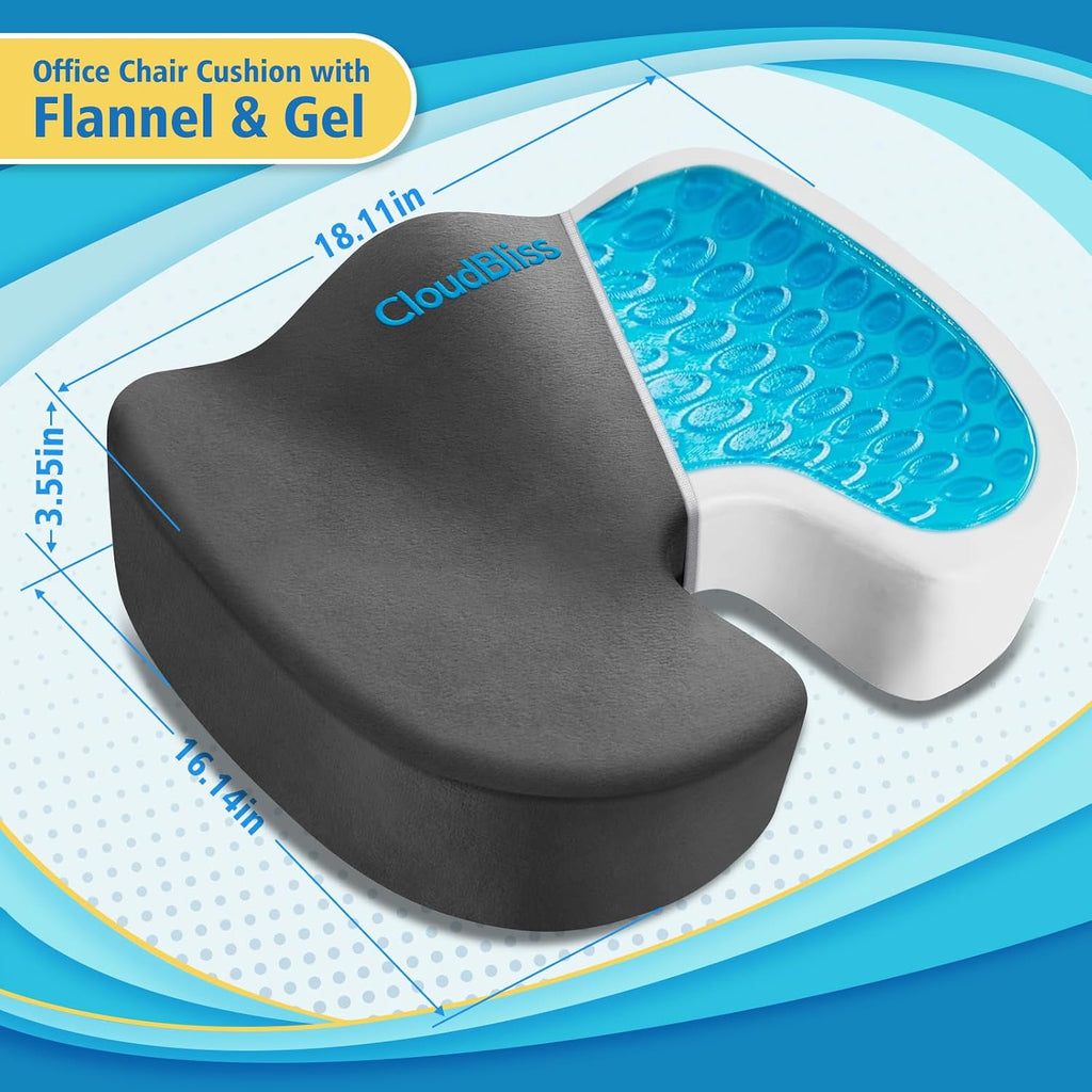 CloudBliss Gel Seat Cushion - Cooling Gel Enhanced, Memory Foam, Ergonomic Seat Cushion for Long Sitting for Office, Game, Car, Airplane…