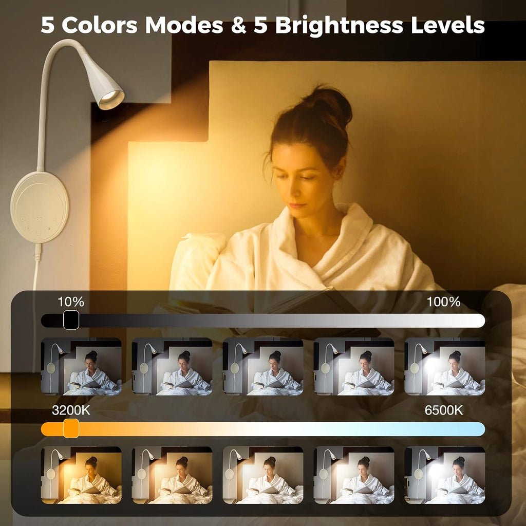 SANKEDOU LED Wall Mount Reading Light, Bedside Reading Lights with Touch Control, 5 Dimmable, USB Output, Night Light & Timers, Flexible…