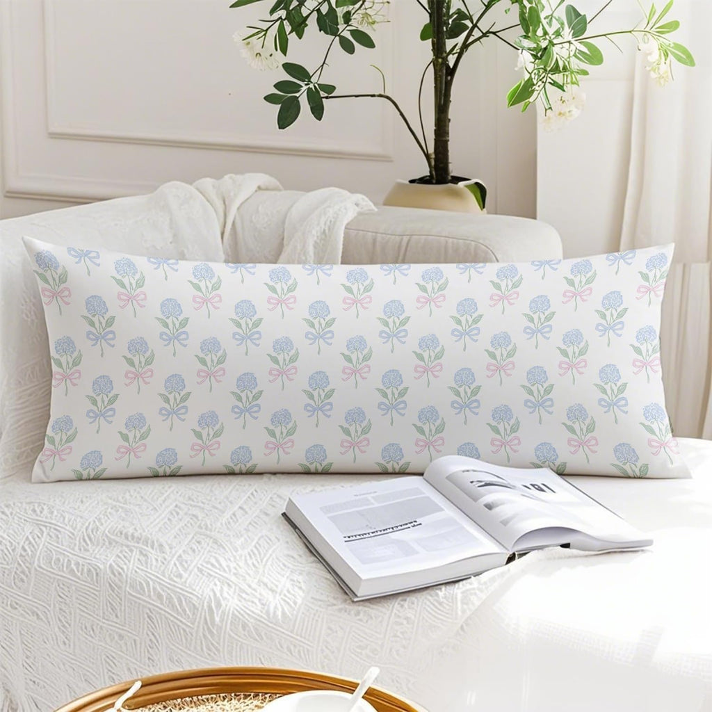 Coquette Pink and Blue Bow Hydrangea Floral 20x54 Body Pillow Cover, Coastal Grandma Decor, Cottagecore Blue and Green Botanical Flower…