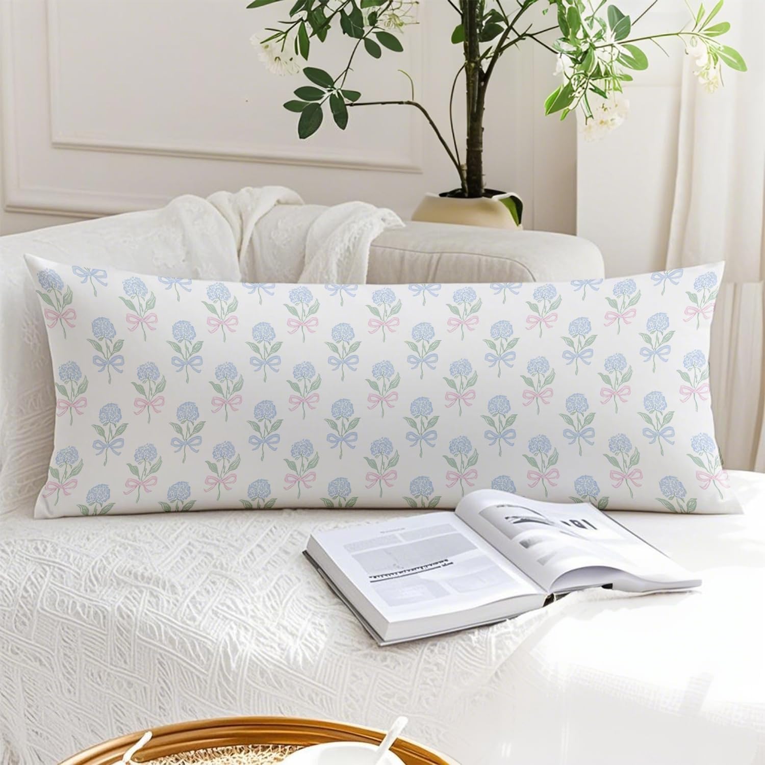 Coquette Pink and Blue Bow Hydrangea Floral 20x54 Body Pillow Cover, Coastal Grandma Decor, Cottagecore Blue and Green Botanical Flower…