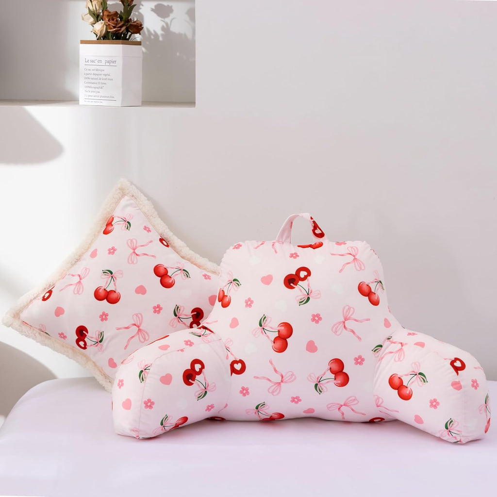 Aimuan Reading Pillow Bed Rest Wedge Backrest Pillow Cherries Bowknot Printed Collections with Arms Sitting in Bed Pink-red