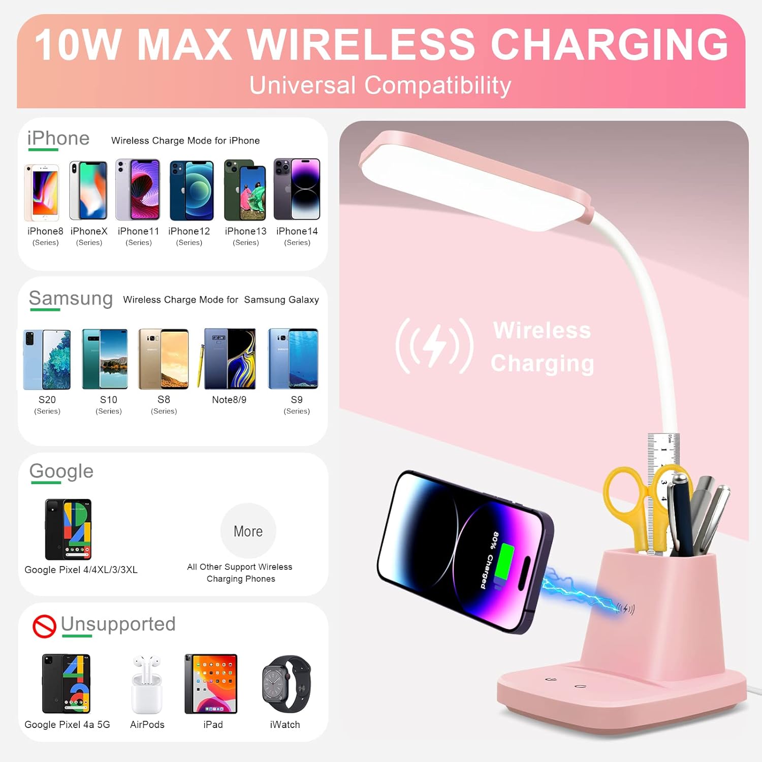 Pink Desk Lamp, Small Desk Lamp with Pen Holder, Wireless Charger LED Desk Lamps for Home Office, Kids Desk Lamps 800LM Flexible Arm 3…
