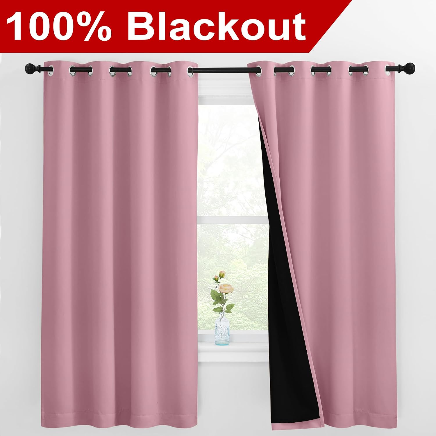 Nicetown 100% Blackout Curtains with Black Liners, Thermal Insulated Full Blackout 2-Layer Lined Drapes, Energy Efficiency Window Draperies…
