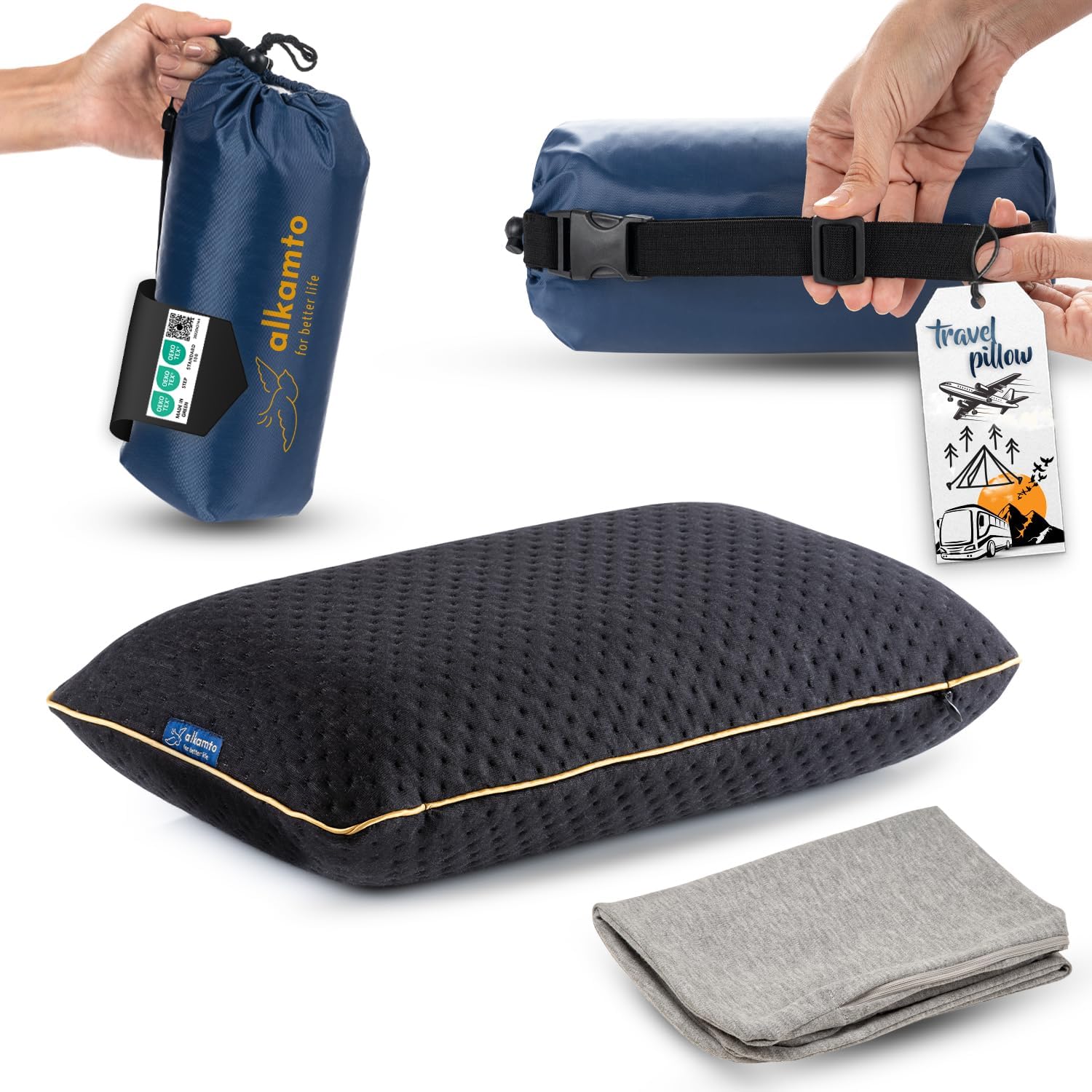 alkamto Travel & Camping Comfortable Memory Foam Pillow – Easy to Carry Portable Bag – Temperature Regulating Pillow Case (Black + Extra…