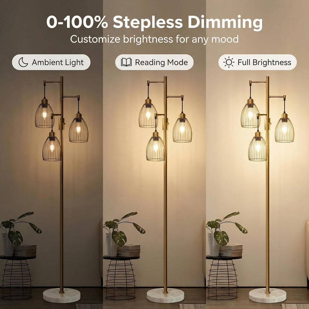 Torondo Dimmable Floor Lamps for Living Room, Industrial Standing Lamp with Marble Base, Antique Brass Tree Tall Pole Light with 3…