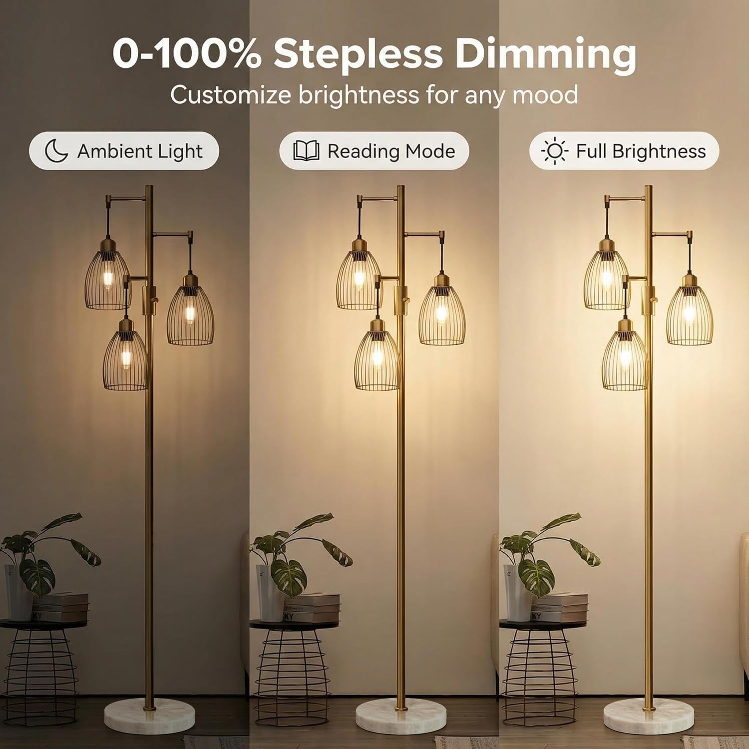 Torondo Dimmable Floor Lamps for Living Room, Industrial Standing Lamp with Marble Base, Antique Brass Tree Tall Pole Light with 3…