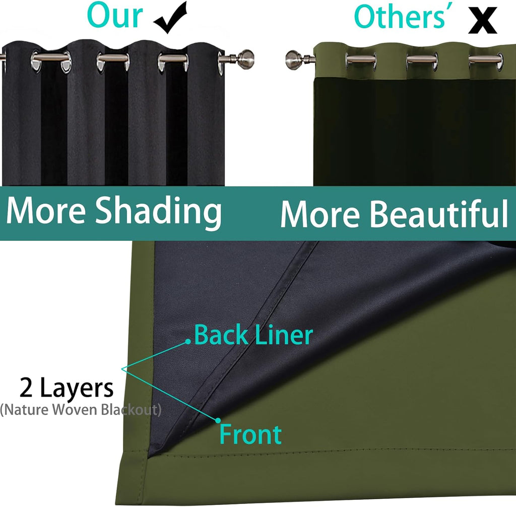 Yakamok Green 100% Blackout Curtains, Total Blackout Lined Curtain Panels for Bedroom, 2 Thick Layers Grommet Top Thermal Insulated Blackou…