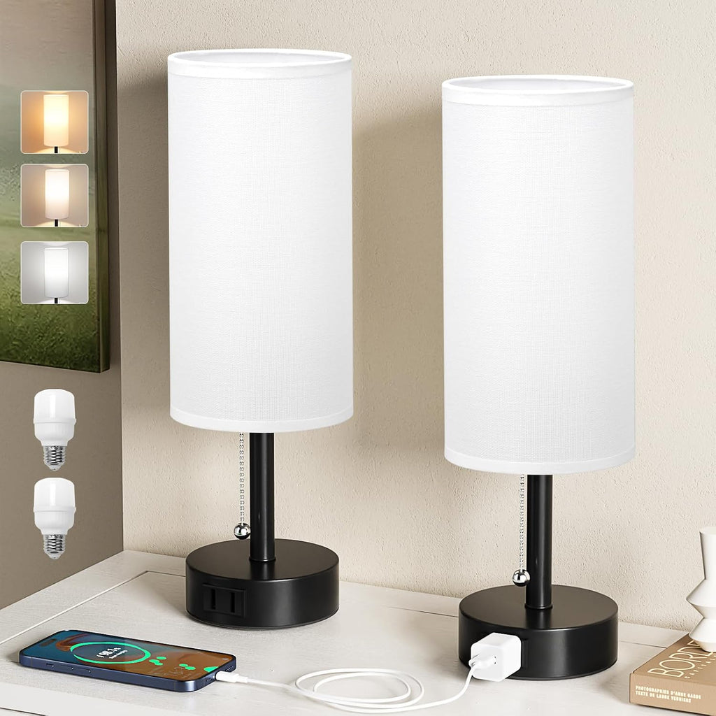 Fenmzee White Bedside Table Lamps Set of 2-3 Color Temperatures Pull Chain Lamp with AC Outlet Charging Port, Round Night Stand Lamps for…