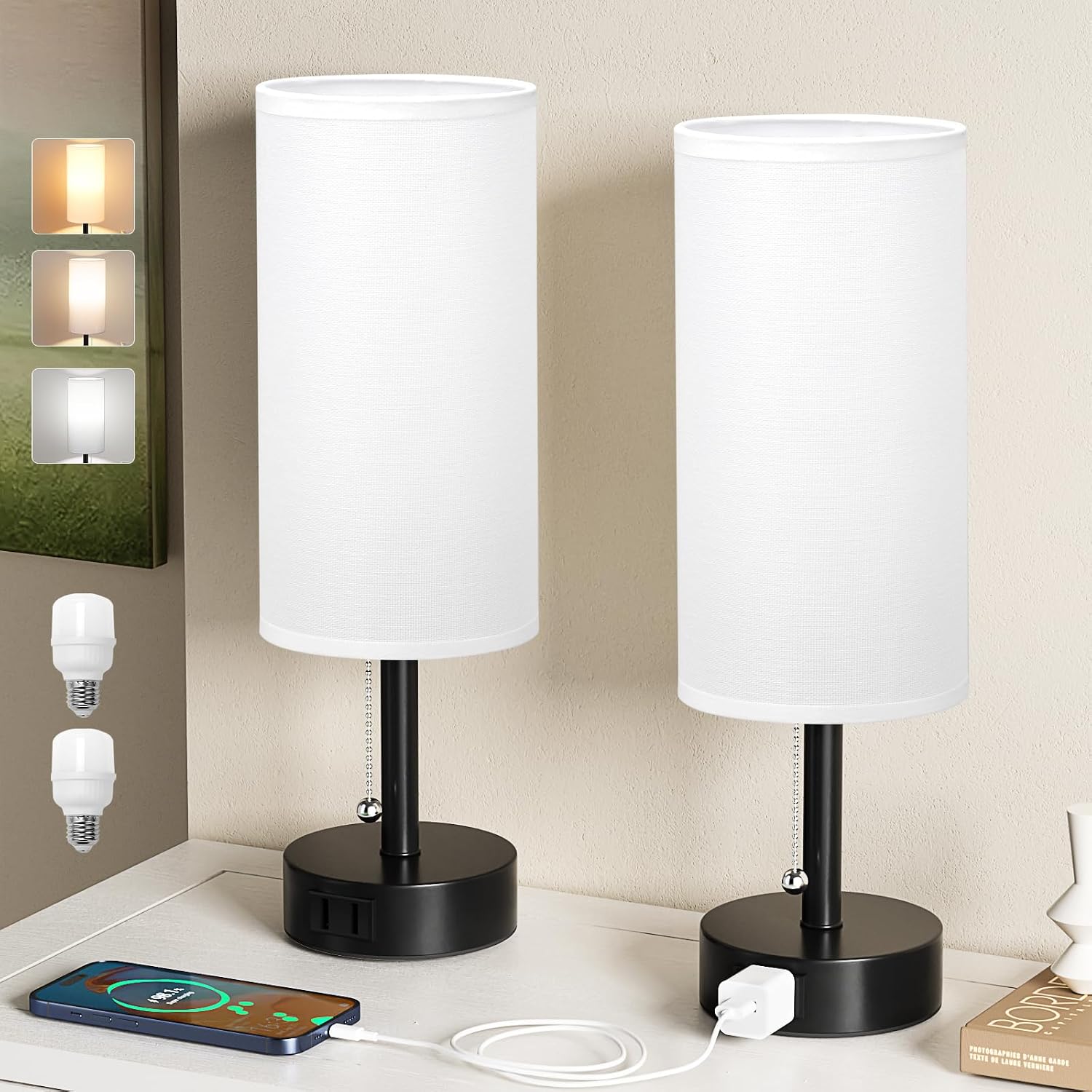 Fenmzee White Bedside Table Lamps Set of 2-3 Color Temperatures Pull Chain Lamp with AC Outlet Charging Port, Round Night Stand Lamps for…