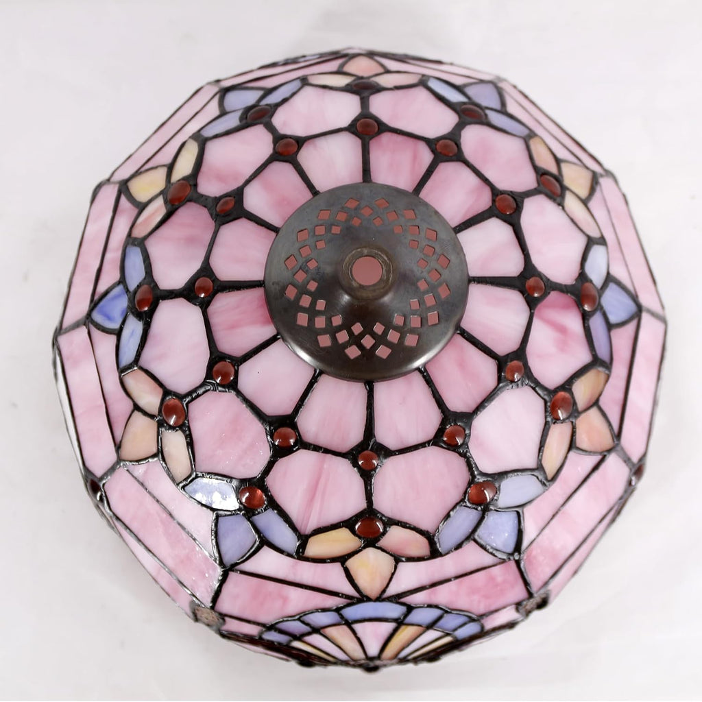 WERFACTORY Tiffany Lamp Stained Glass Table Lamp 12X12X18 Inch Pink Baroque Style Lavender Bedside Reading Desk Light Decor Bedroom…