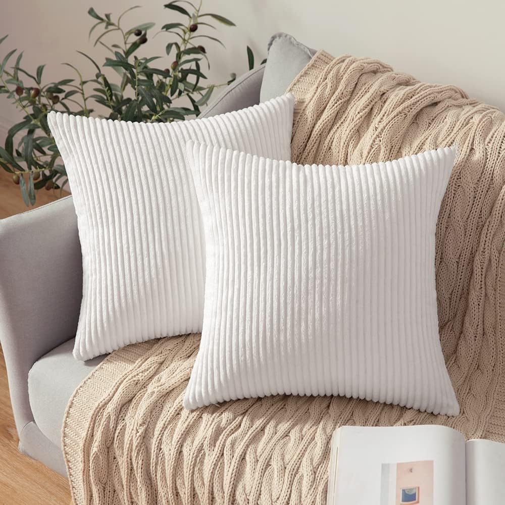 Miulee Pack of 2 Corduroy Pillow Covers Soft Solid Cushion Cases Decorative Boho Square Throw Pillow Covers Pure White Neutral Pillowcases…