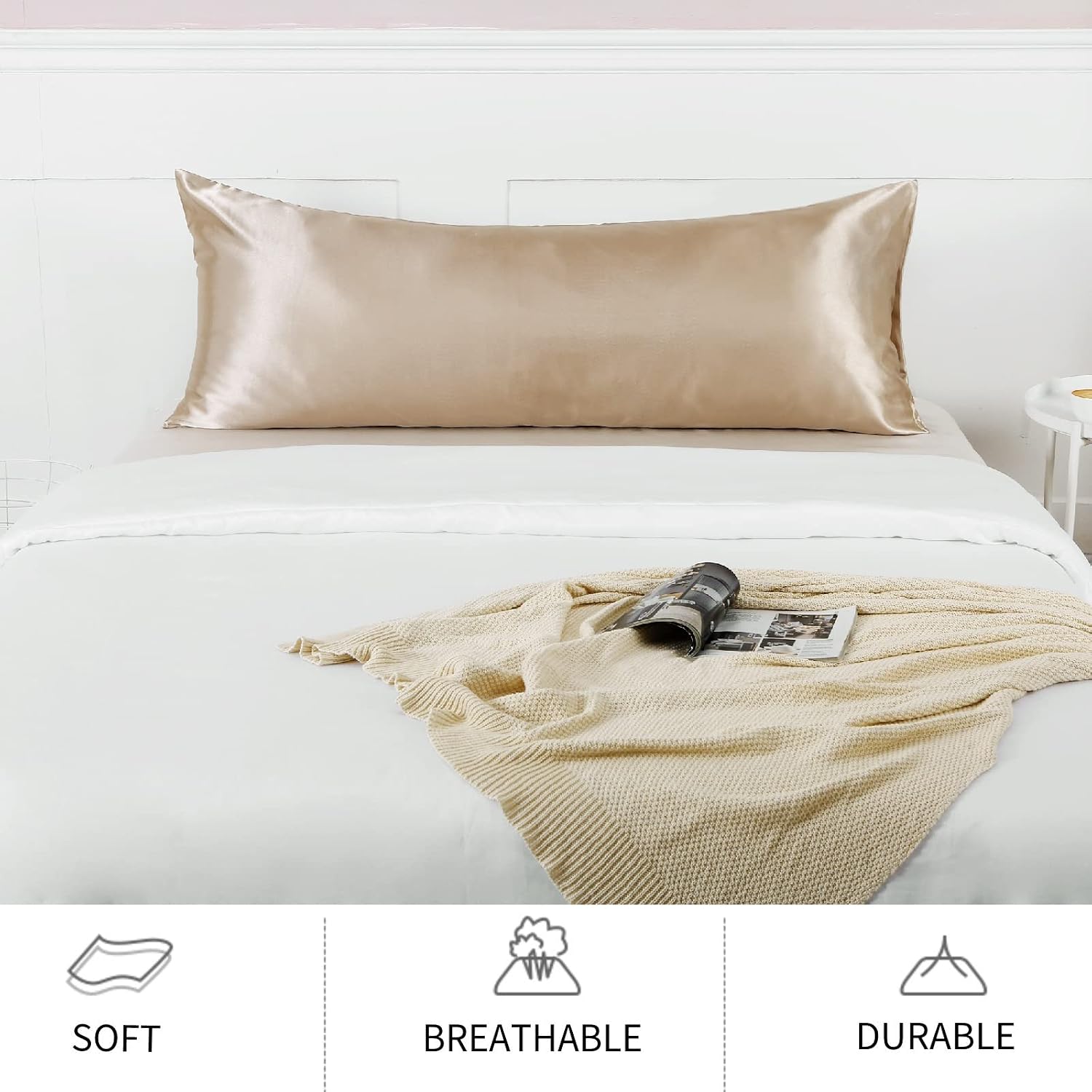Lcbd Satin Body Pillow Case for Hair and Skin, Taupe Silk Satin Body Pillowcase Cover, 20x54 Body Cooling Pillow Cover with Envelope Closur…
