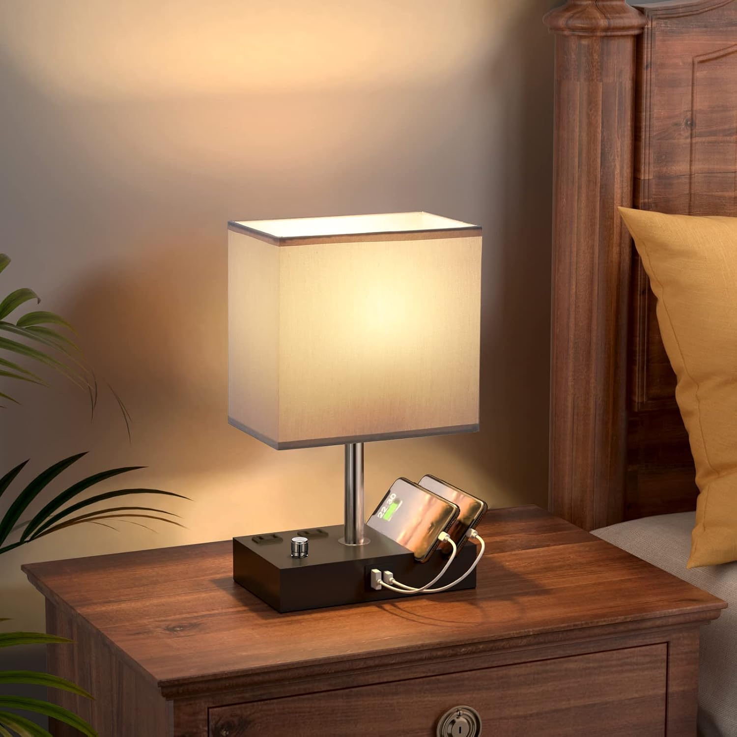 Kakanuo Table Lamp for Bedroom with Dual USB Ports, Grey Fully Dimmable Bedside Lamp with Phone Stands and 2 Charging Outlets, Desk Lamp…