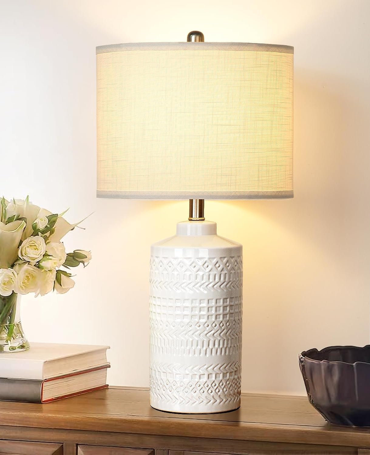 JUNNAI 24.5" White Ceramic Table Lamp 3-Way Dimmable Nightstand with White Linen Shade Bedside Lamp for Bedrooms & Living Room Office…