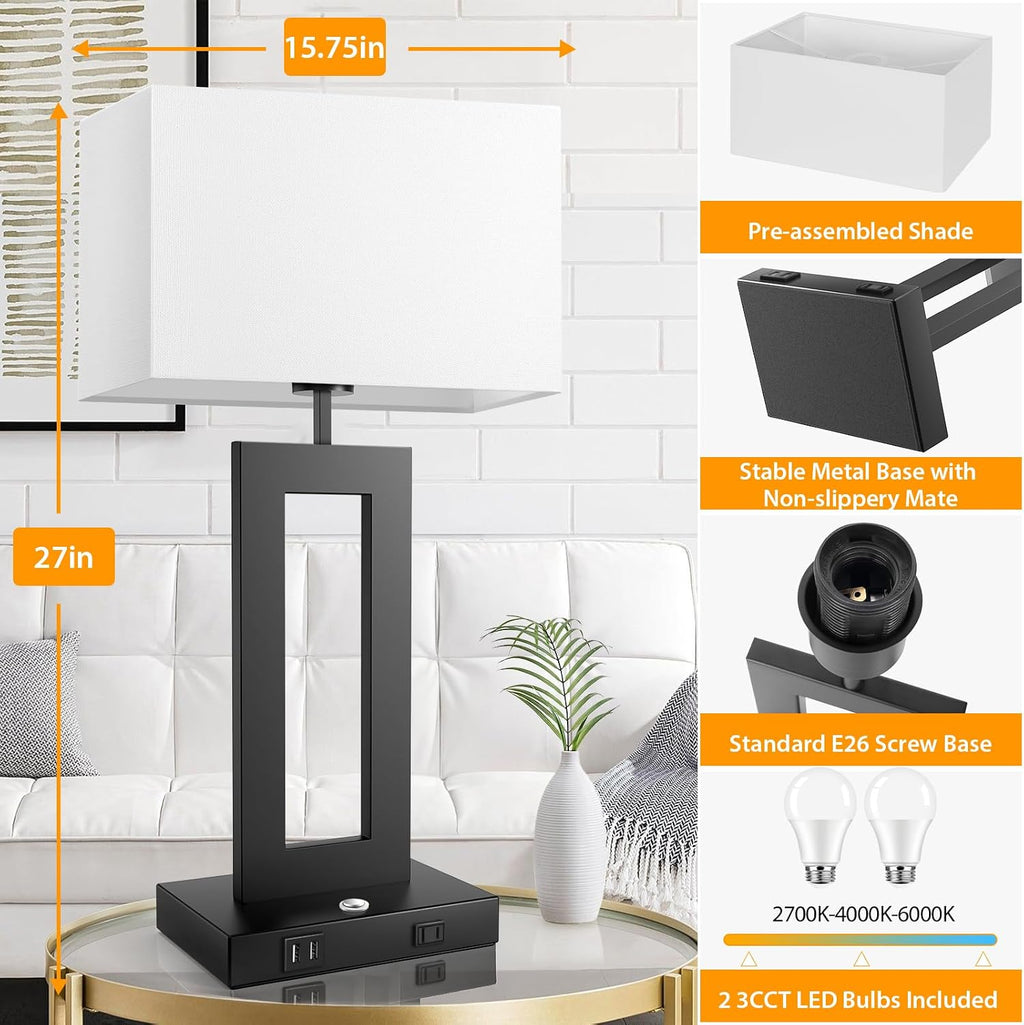 27.2’’ Tall Black Table Lamps for Living Room Bedroom, Bedside Touch Control Lamps with 2 USB Ports&AC Outlet, 3 Color Temp.&Stepless…