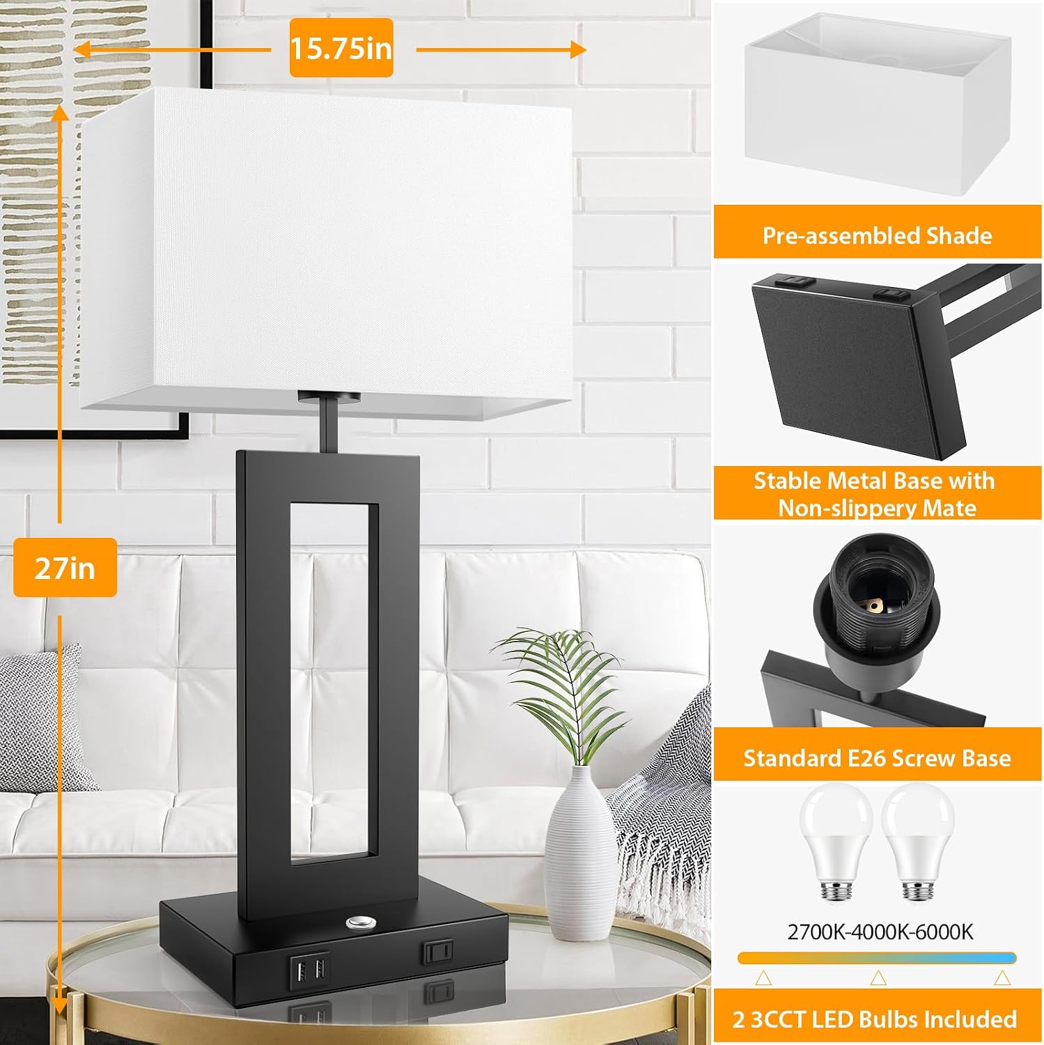27.2’’ Tall Black Table Lamps for Living Room Bedroom, Bedside Touch Control Lamps with 2 USB Ports&AC Outlet, 3 Color Temp.&Stepless…