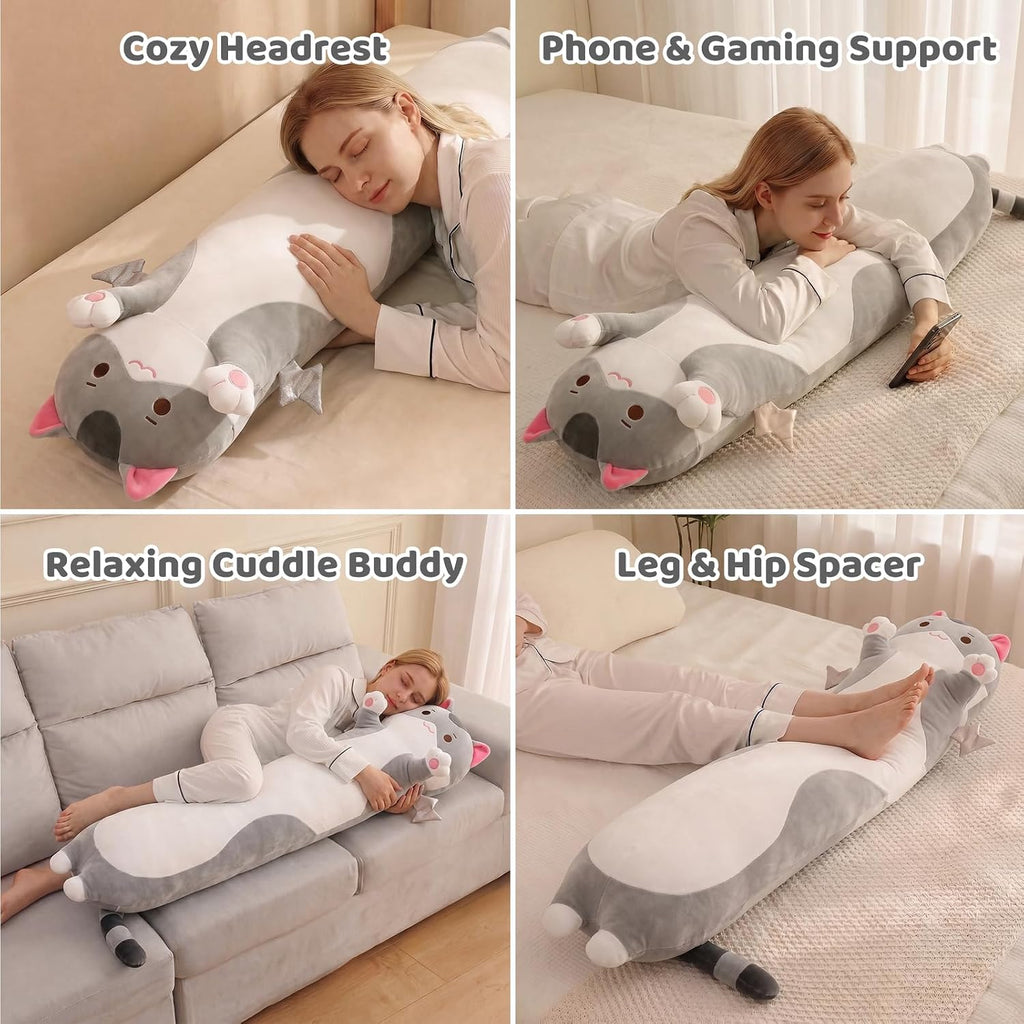 Mewaii Long Cat Plush 5 Sizes, 120% Extra Filling Giant Plushness Kids Body Pillow, Kawaii Cute Grey Cat Stuffed Animals Plushies, Big Long…