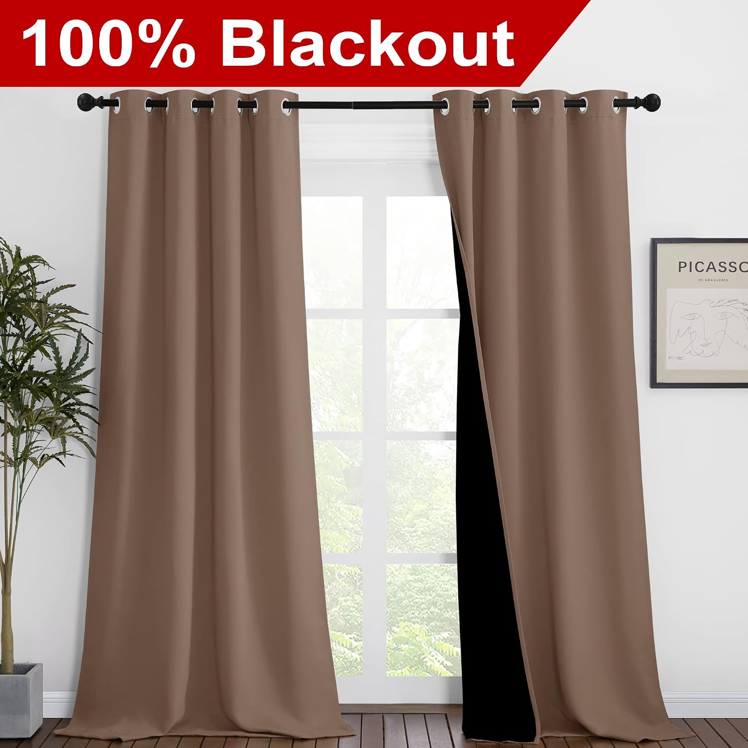 Nicetown Room Warming Complete Blackout Shades for Large Window Door, 100% Blackout Window Curtain Panels with Black Lined, 46 inches Width…