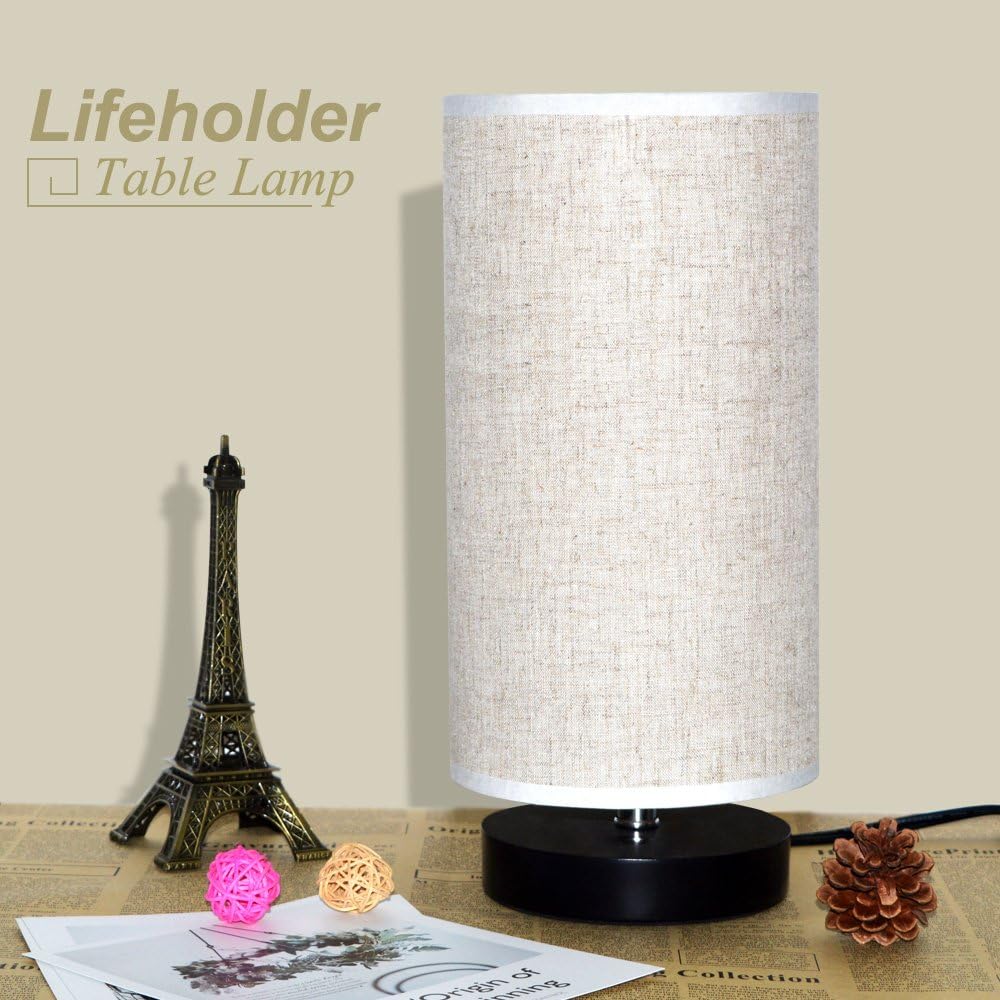 lifeholder Table Lamp, Bedside Nightstand Lamp, Simple Desk Lamp, Fabric Wooden Table Lamp for Bedroom Living Room Office Study, Cylinder…