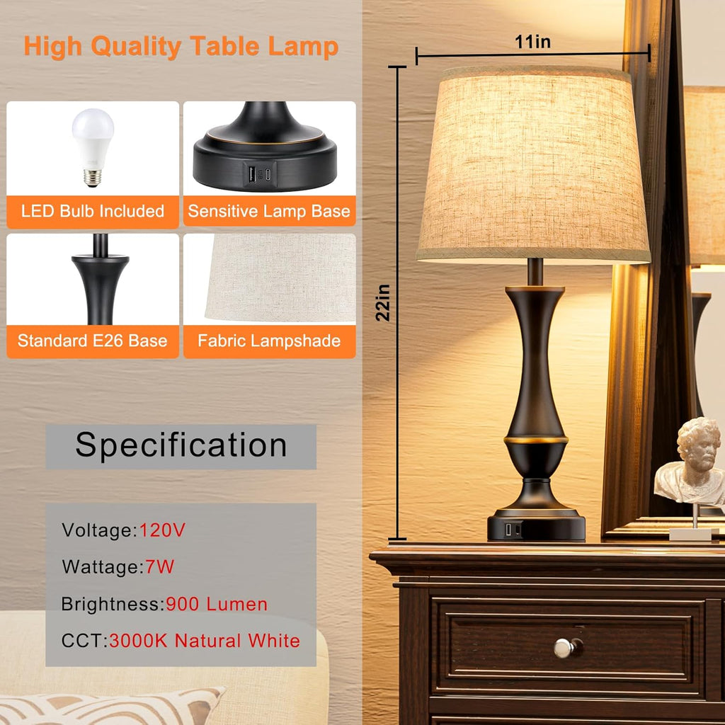 Seealle Upgraded Touch Lamps for Night Stands Set of 2 - Bedside Lamps with USB C+A, 3 Way Dimmable for Bedroom Living Room End Tables…