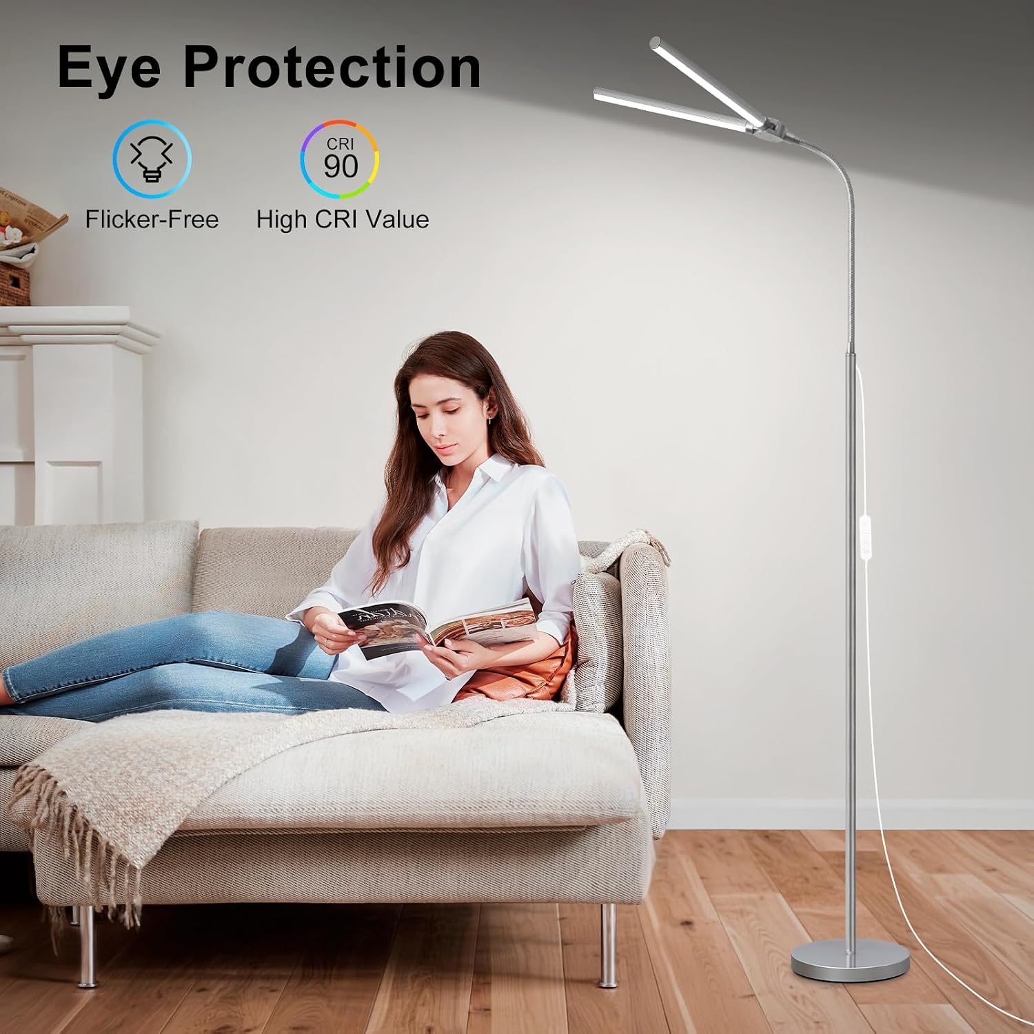 Bright Floor Lamp, 18W/2000LM Silver LED Floor Lamp with Double Head, Adjustable Gooseneck Dimmable Craft Light for Sewing Tatoo…