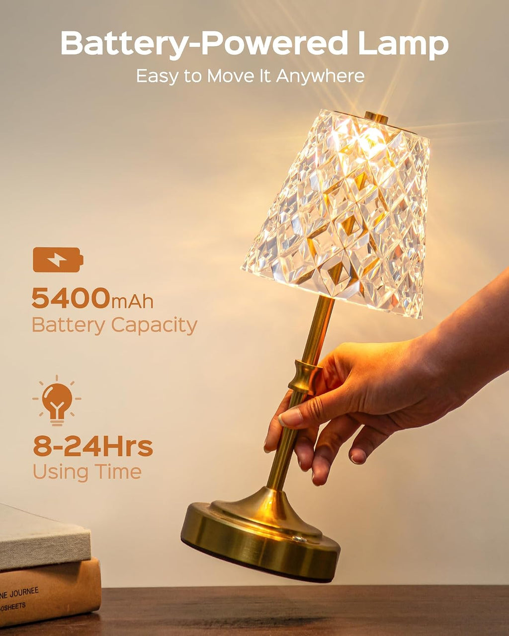 JACKYLED Cordless Lamp Rechargeable, Acrylic Crystal Lampshade, 3 Colors with Built-in Dimmer, 5400mAh Battery Operated, Wireless Lamp…