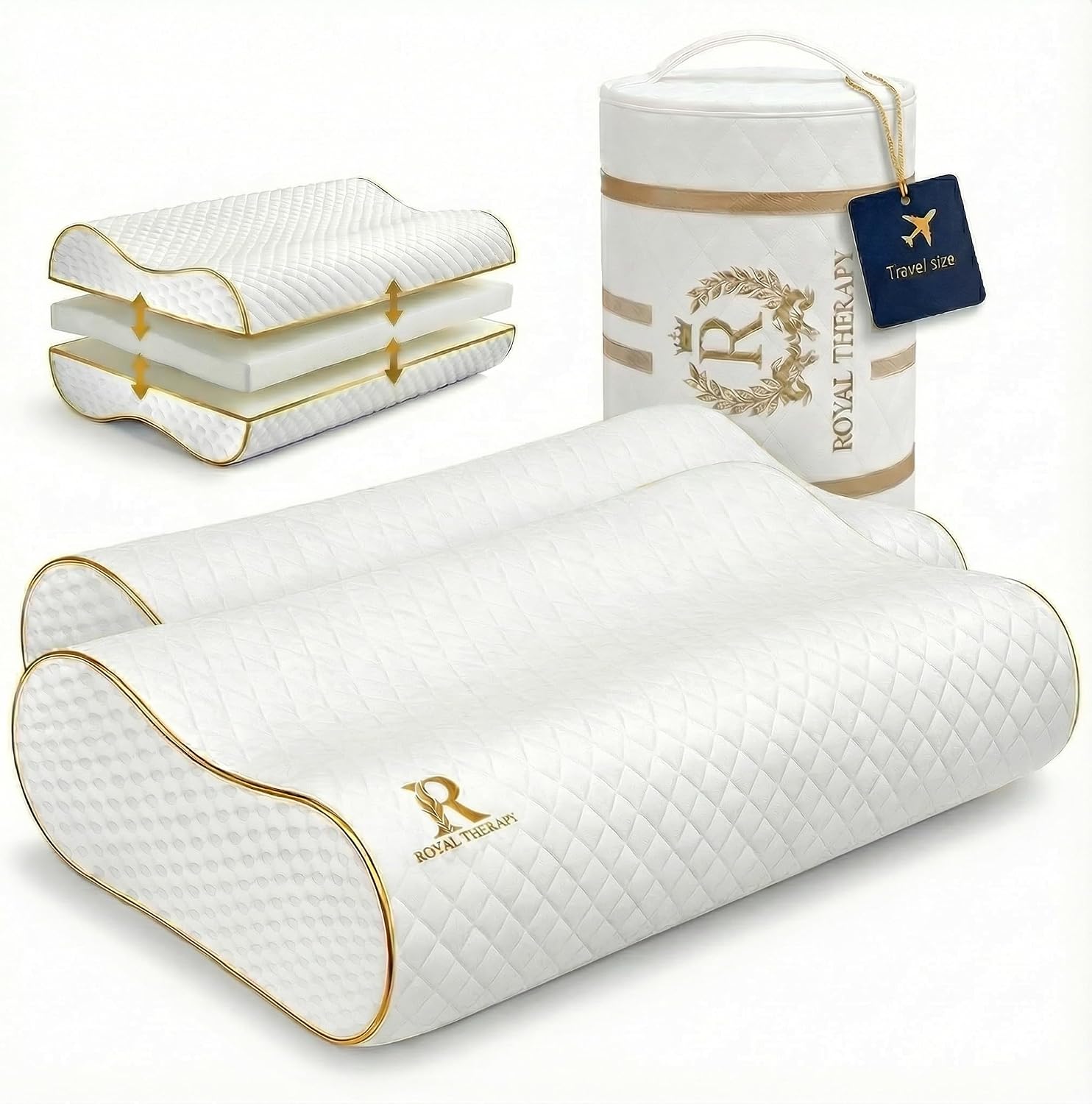 Royaltherapy Royal relaxation Travel Memory Foam Pillow 2-Pack, Neck Pillow Bamboo Adjustable Side Sleeper Pillow Bamboo White