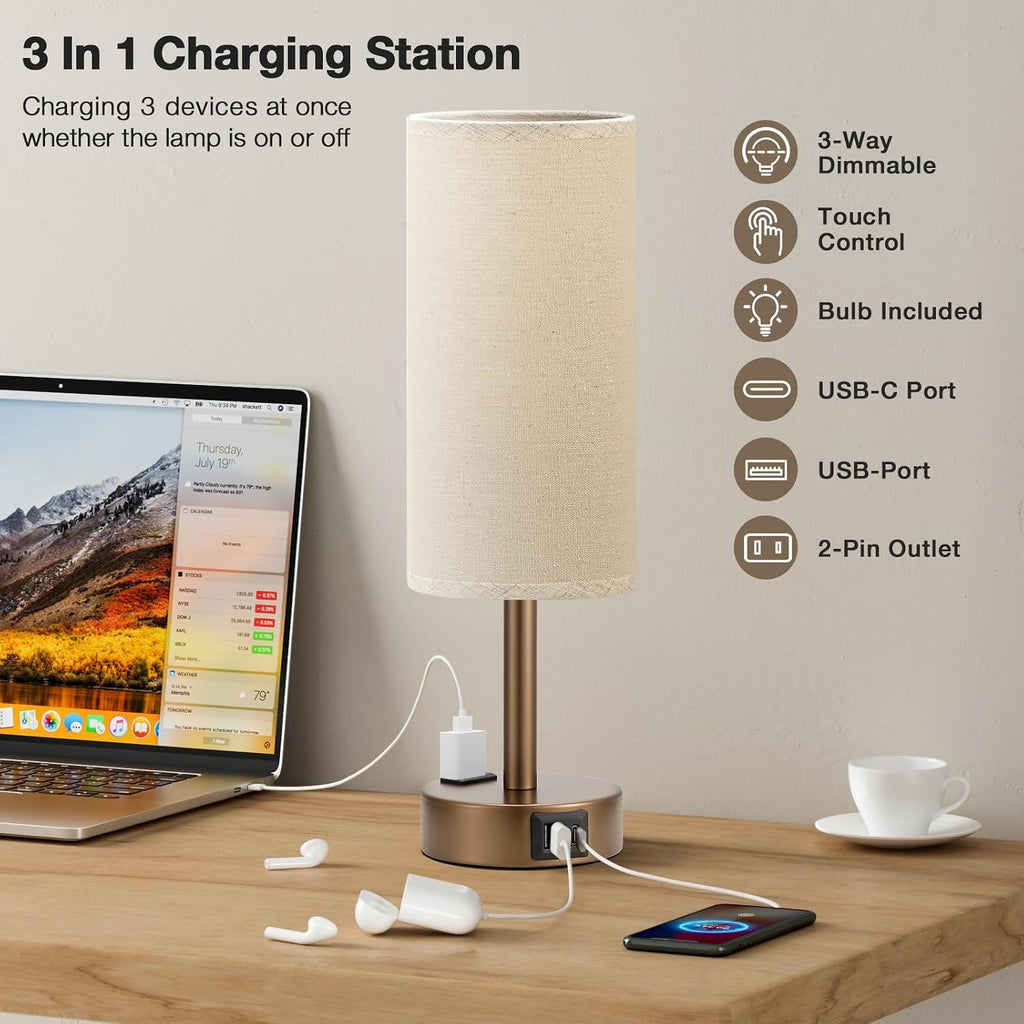Fenmzee Brown Bedside Table Lamp for Bedroom - 3 Way Dimmable Touch Lamp USB C Charging Ports and AC Outlet, Small Lamp Round Flaxen…